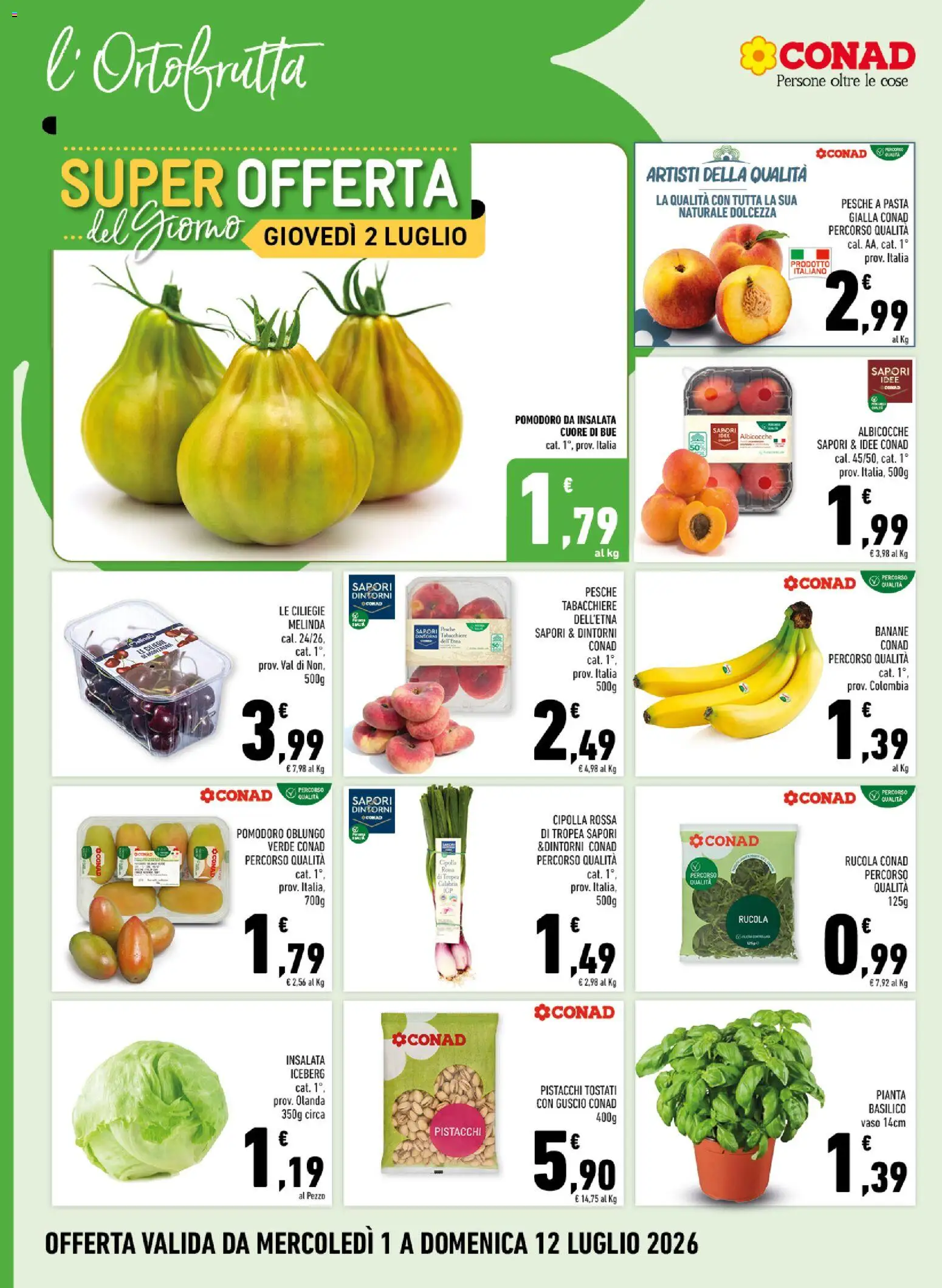 Volantino Conad del 01/07/2026 | Pagina: 2 | Prodotti: Rucola, Insalata, Basilico, Albicocche