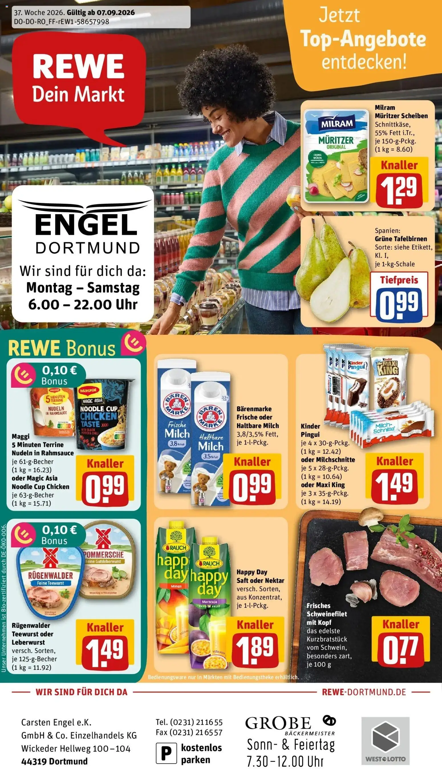 REWE Prospekt ab 07.09.2026 zum Blättern » Angebote | Seite: 1 | Produkte: Maggi, Milch, Schweinefilet, Nudeln