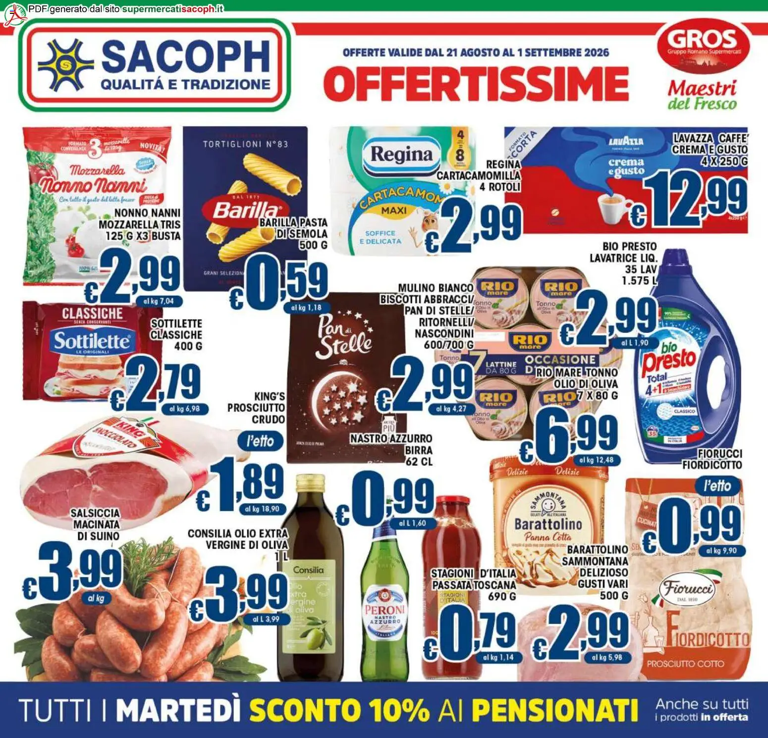 Volantino Sacoph del 21/08/2026 | Pagina: 1 | Prodotti: Prosciutto Cotto, Biscotti, Suino, Lavatrice