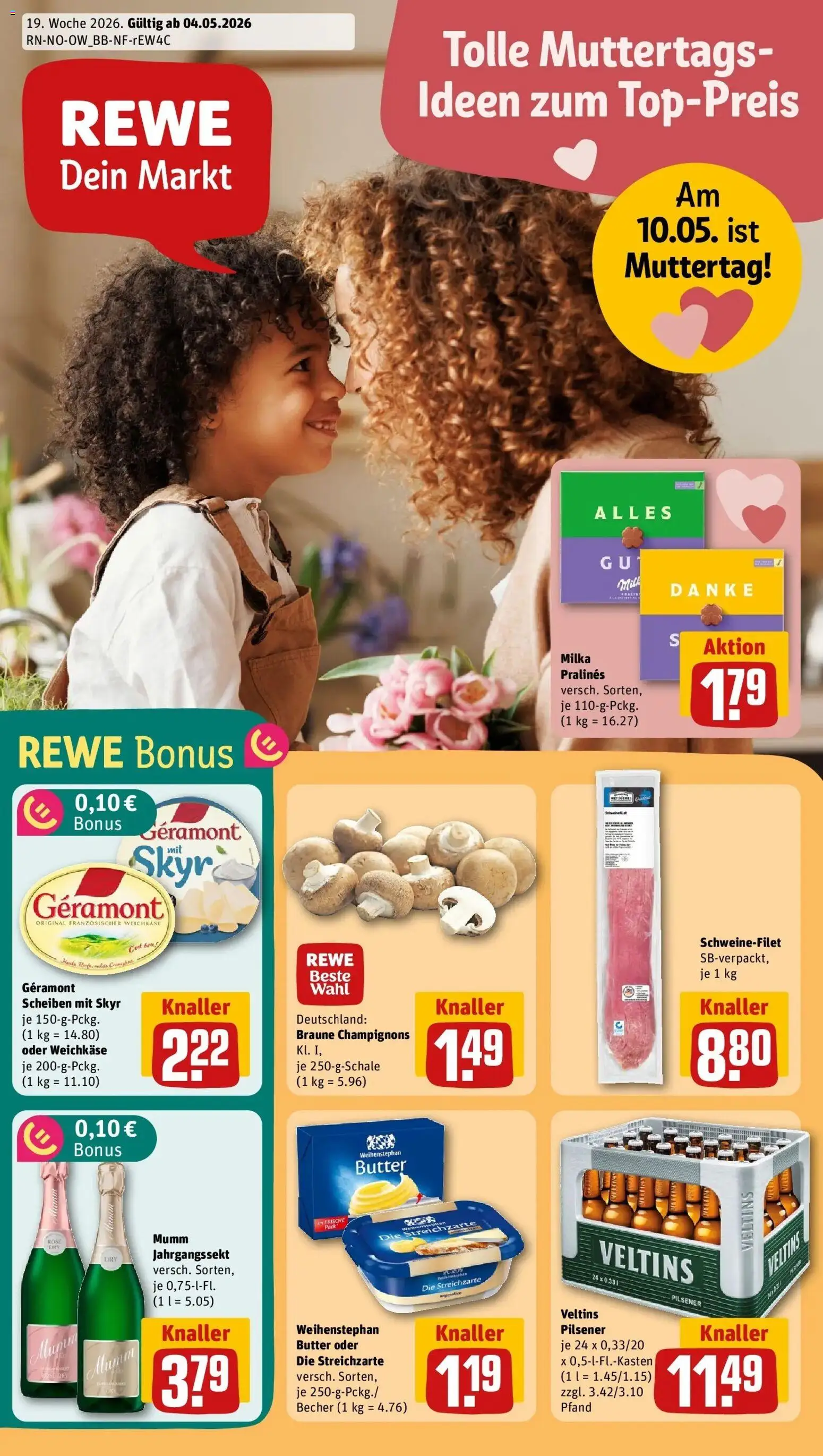 REWE Prospekt ab 04.05.2026 zum Blättern » Angebote | Seite: 1 | Produkte: Geramont, Butter, Schweinefilet, Veltins