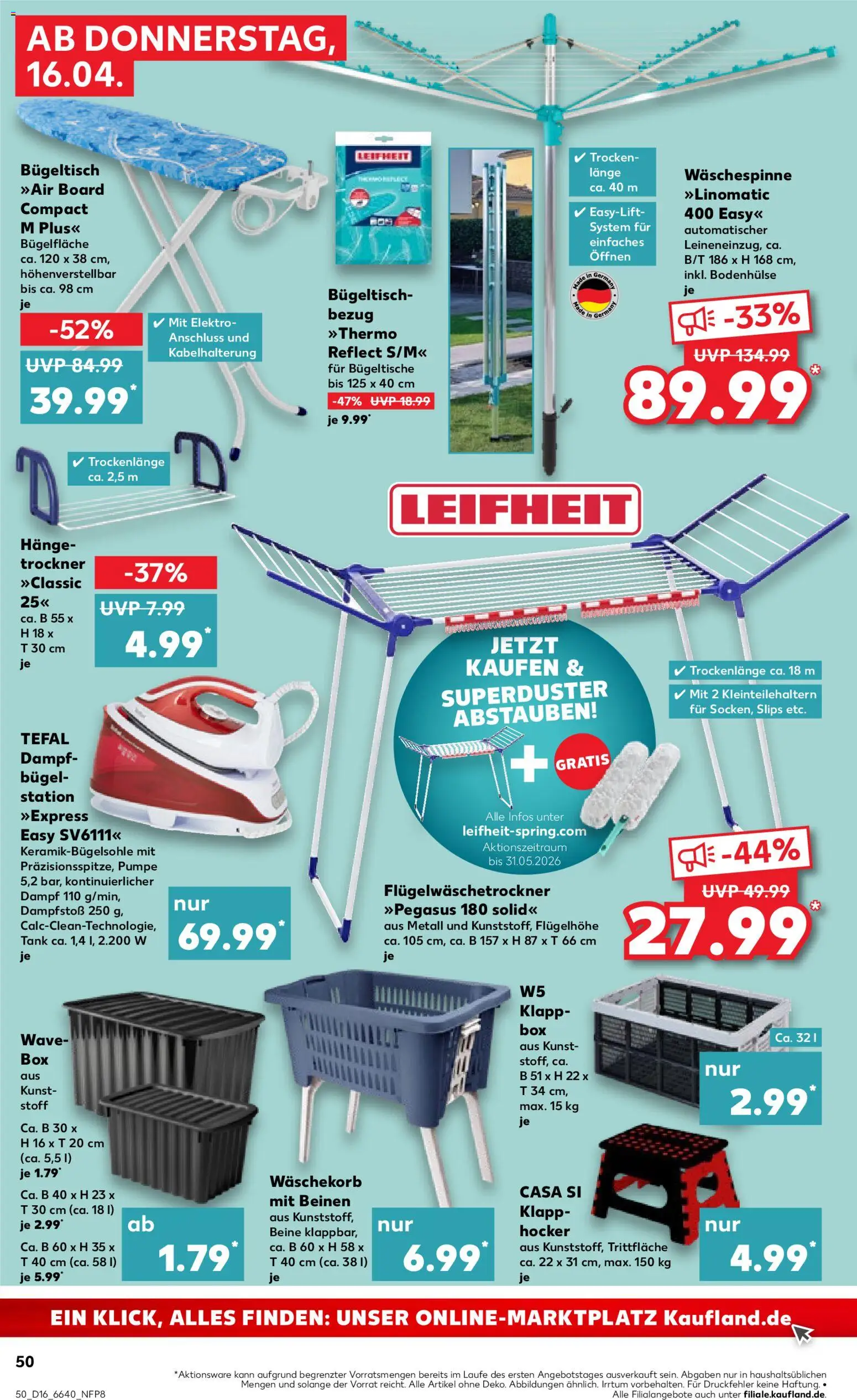 Kaufland Německo leták od 16.04.2026 | Strana: 50 | Produkty: Leifheit, Elektro, Tefal