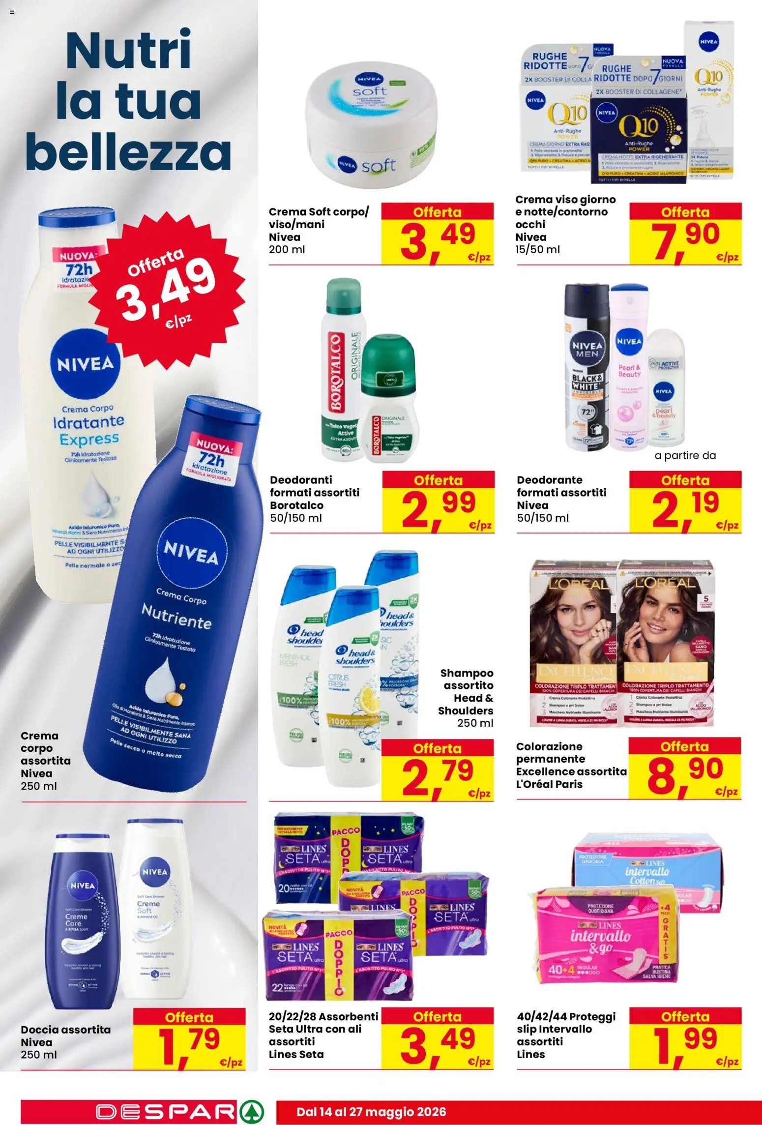 Volantino Despar del 14.05.2026 | Pagina: 18 | Prodotti: Shampoo, Crema viso, Colla, Doccia