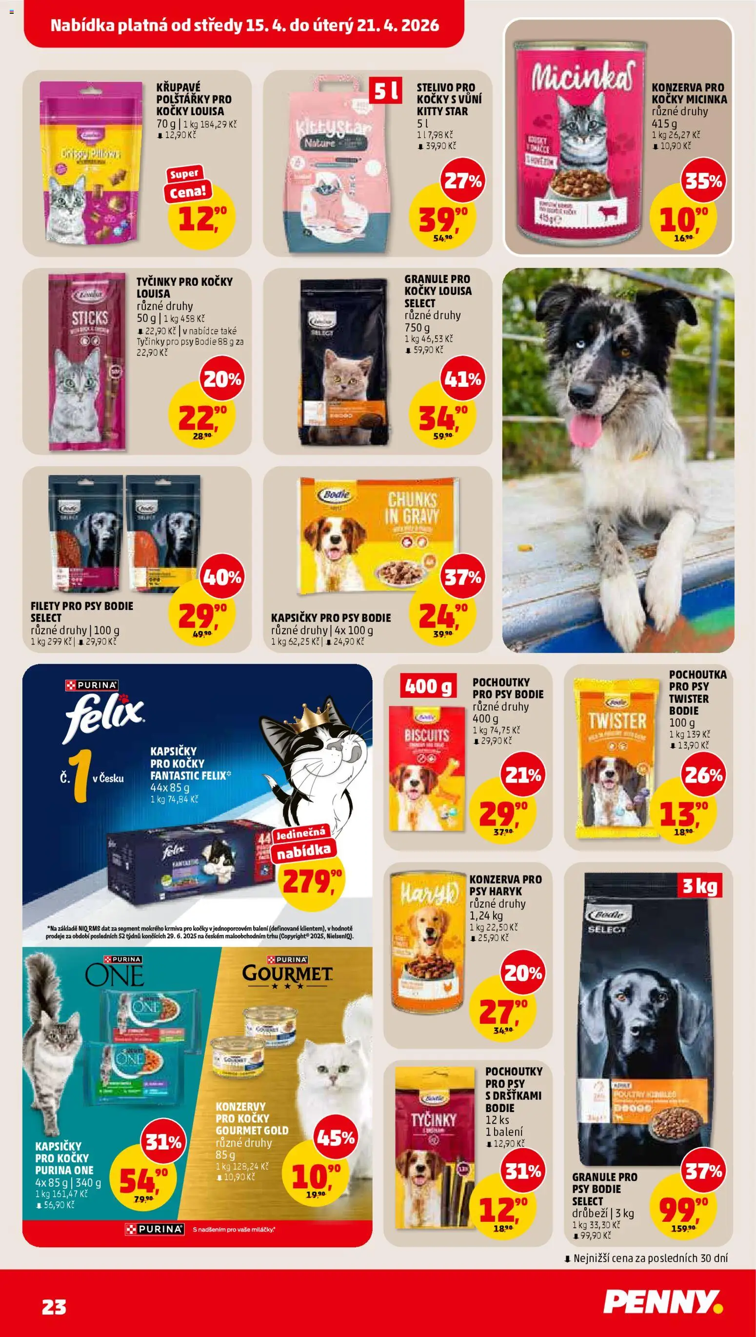 Penny Market leták od 15.04.2026 | Strana: 23 | Produkty: Gourmet, Granule, Stelivo, Konzerva pro psy