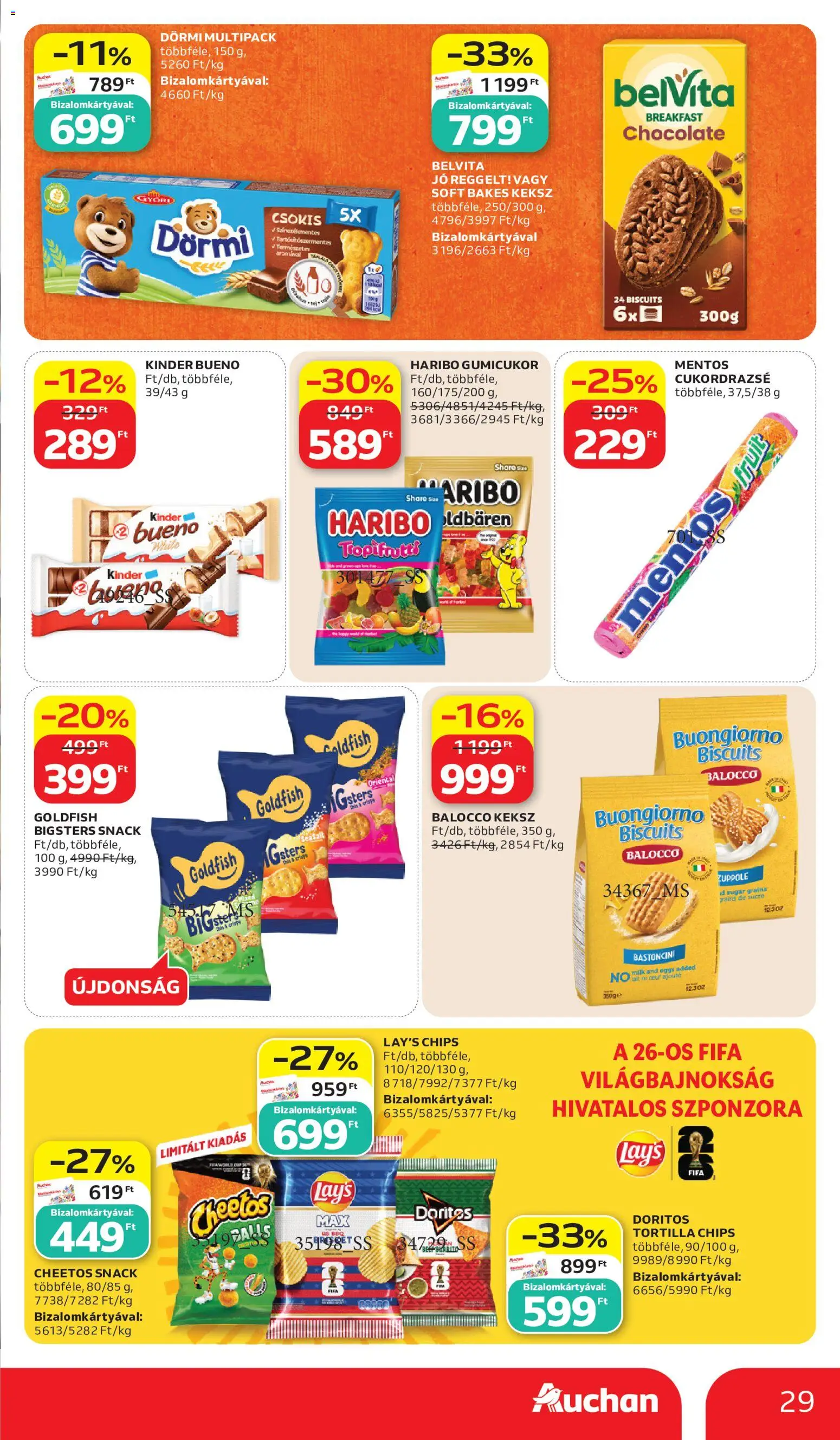 Auchan akciós ujság - amely érvényes a következő dátumtól: 2026.07.02. | Oldal: 29 | Termékek: Chips, Tortilla, Gumicukor, Cheetos