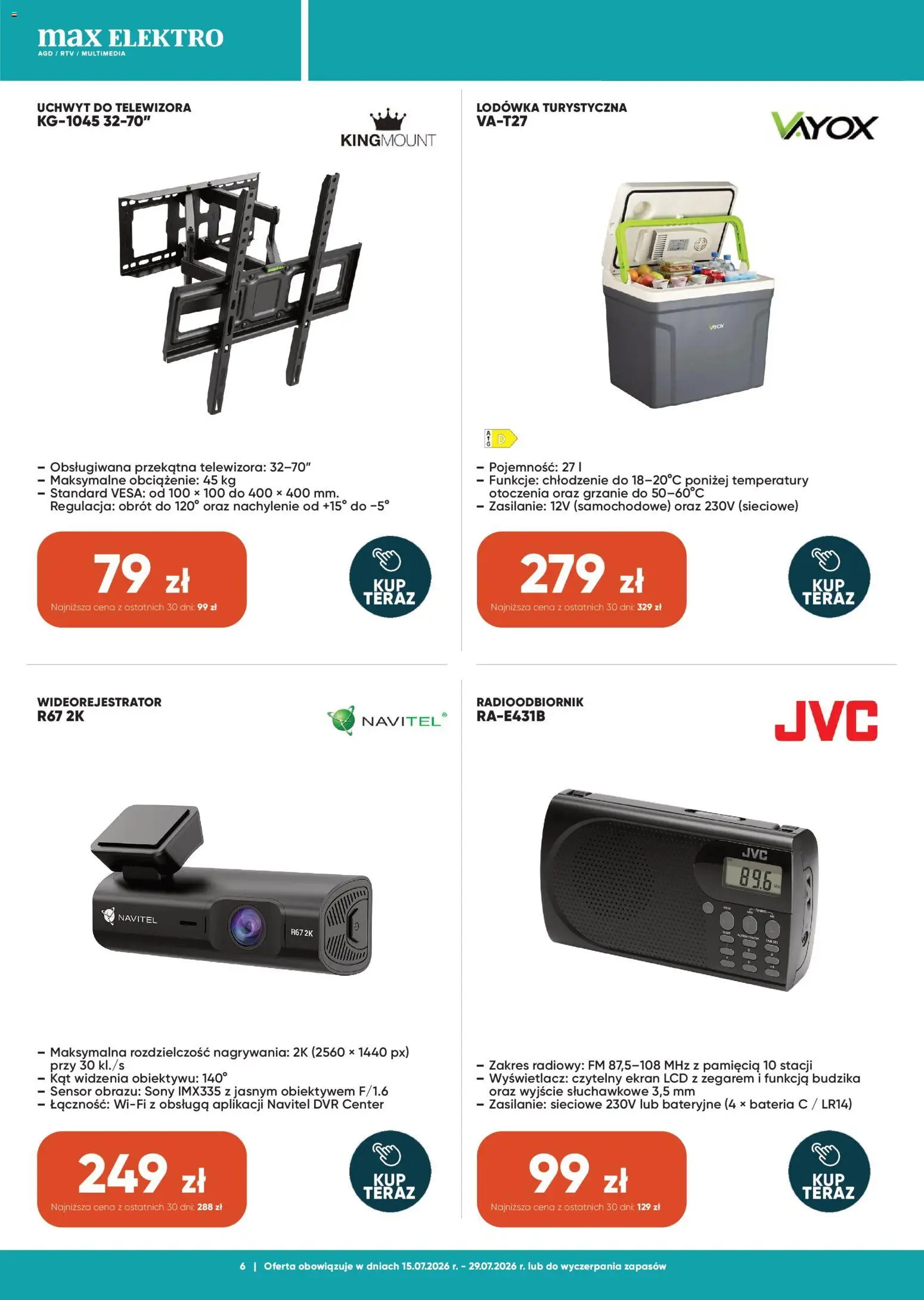 Max elektro gazetka od 15.07.2026 | Strona: 6 | Produkty: Lodówka, Bateria, Lodówka turystyczna