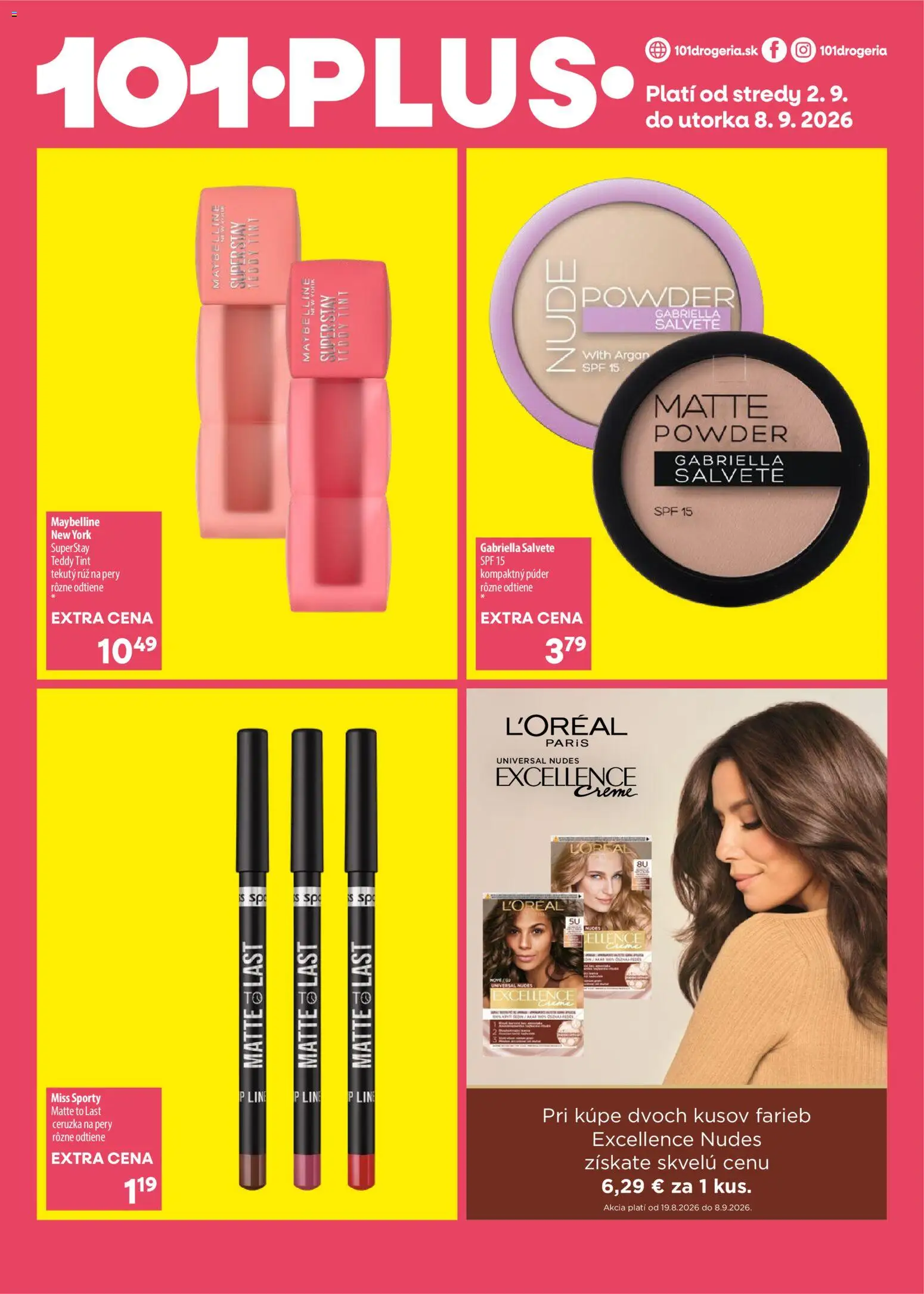 Nové 101 drogerie akcie – leták je platný od 02.09.2026 | Strana: 2 | Produkty: Púder, Rúž na pery, Ceruzka