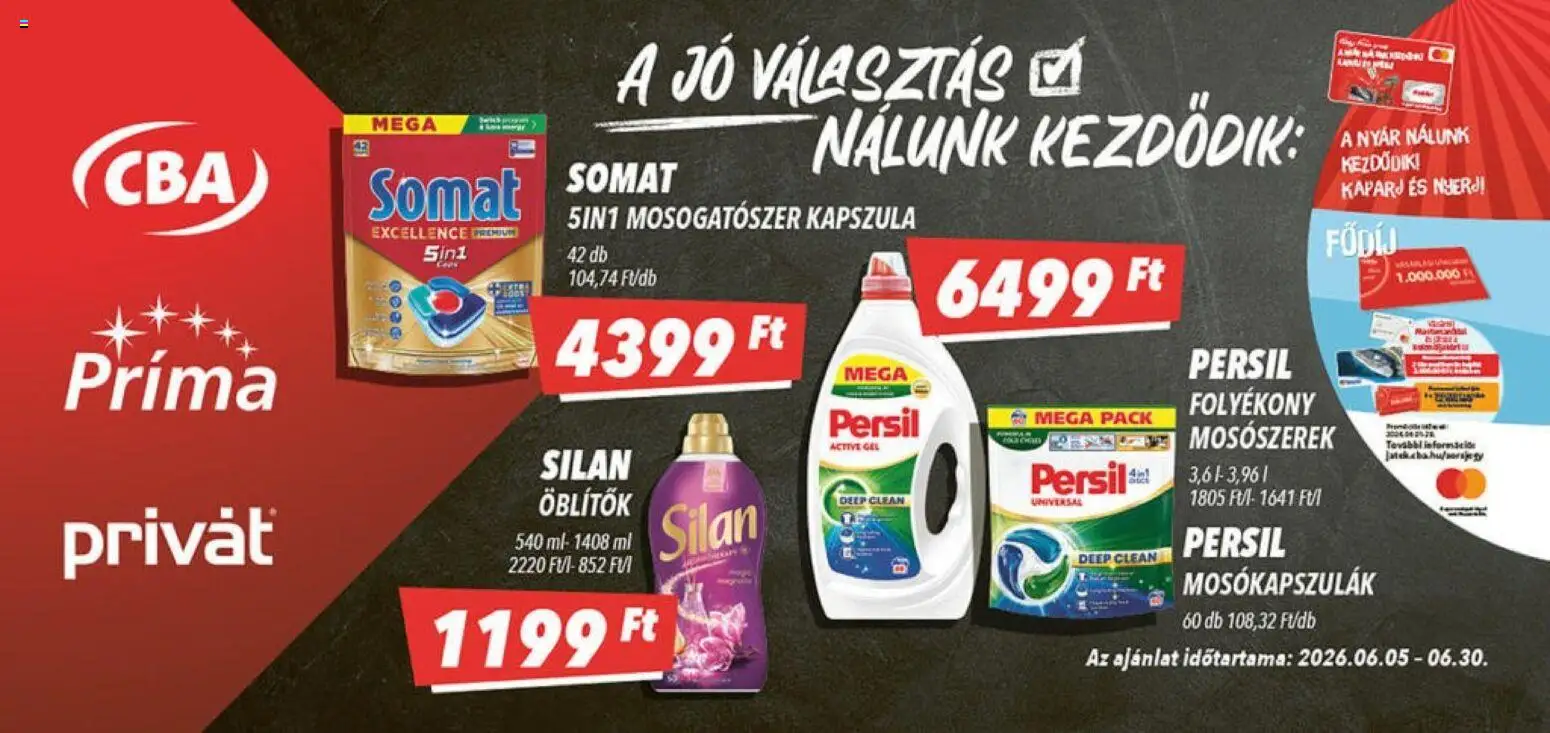 CBA Príma akciós ujság - amely érvényes a következő dátumtól: 2026.06.06. | Oldal: 4 | Termékek: Persil, Somat, Mosószerek, Mosogatószer