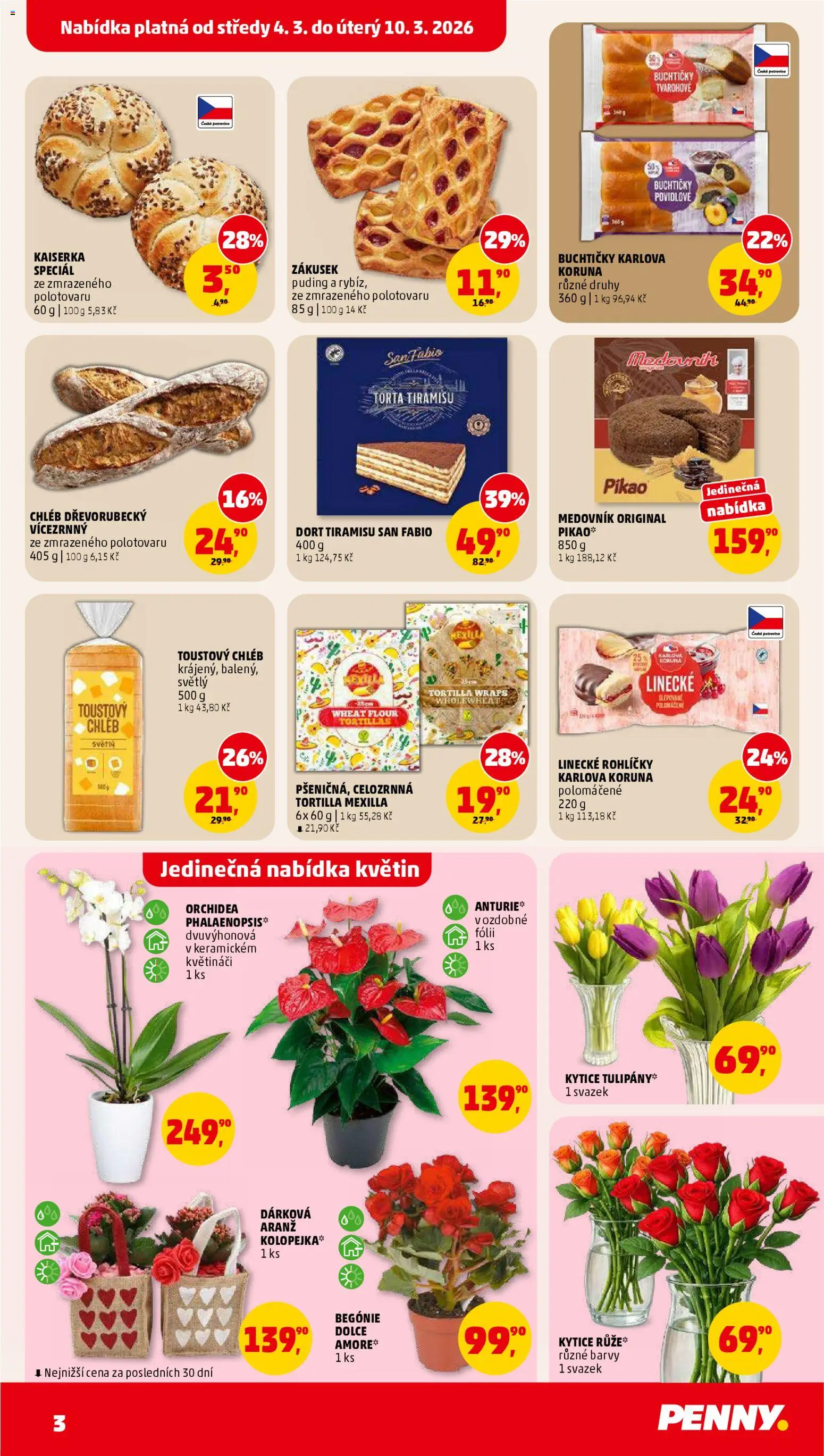 Penny Market leták od 04.03.2026 | Strana: 3 | Produkty: Tiramisu, Tortilla wraps, Kytice, Toustový chléb