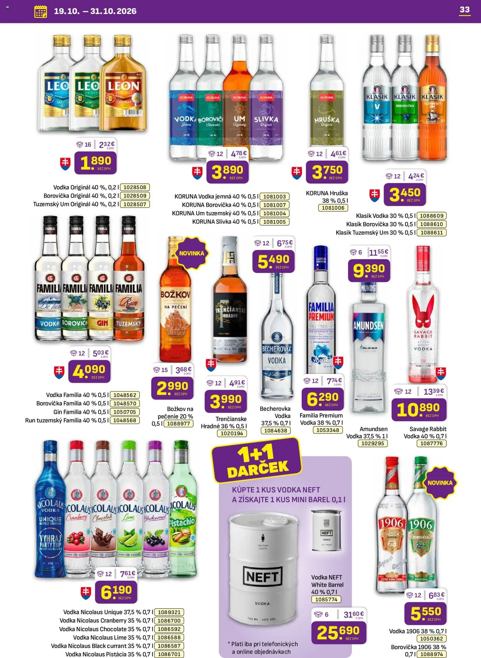 Nové Libex akcie – leták je platný od 19.10.2026 | Strana: 33 | Produkty: Becherovka, Borovička, Gin, Vodka
