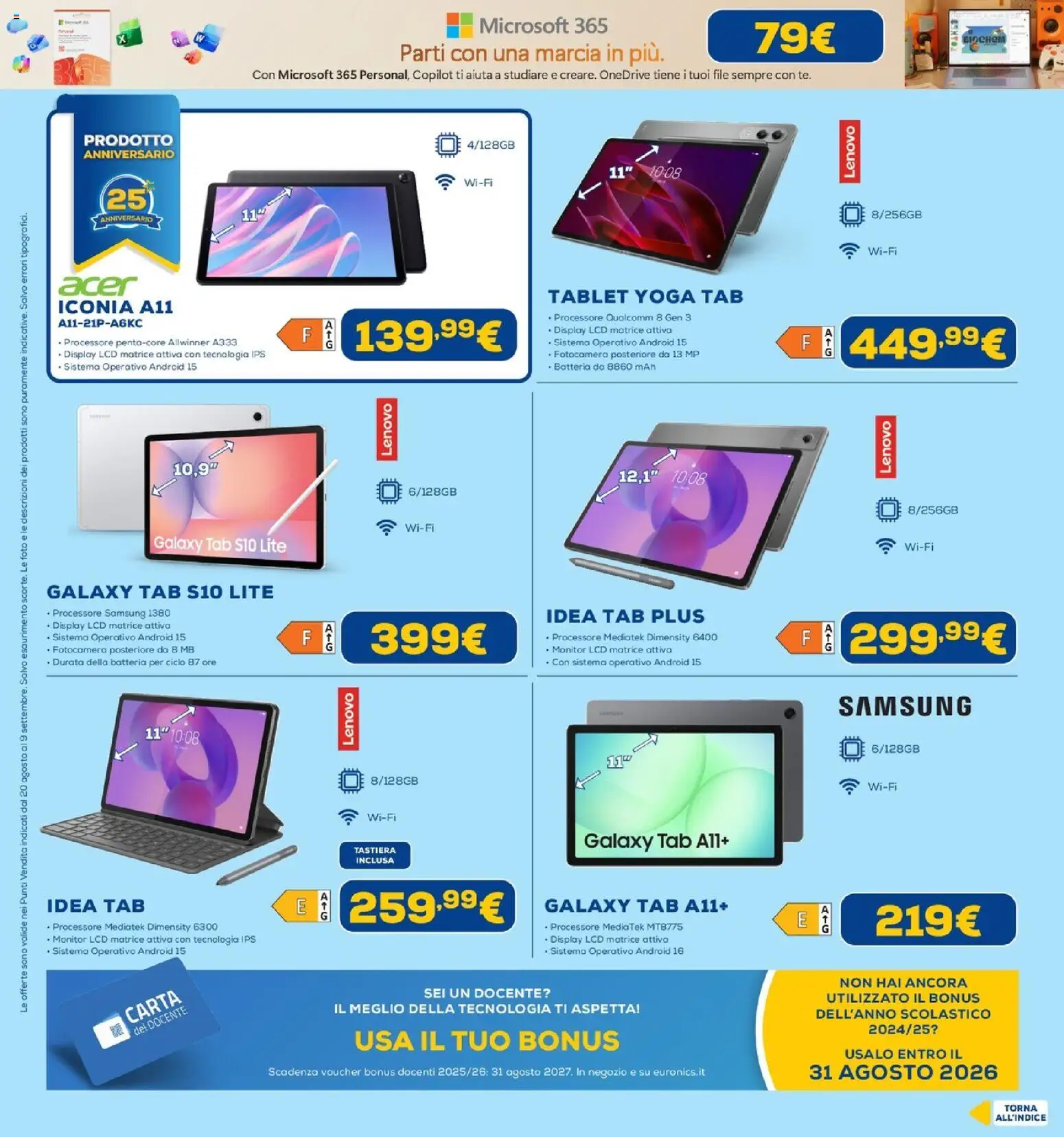 Volantino Euronics del 20/08/2026 | Pagina: 8 | Prodotti: Monitor, Tablet, Tastiera, Fotocamera