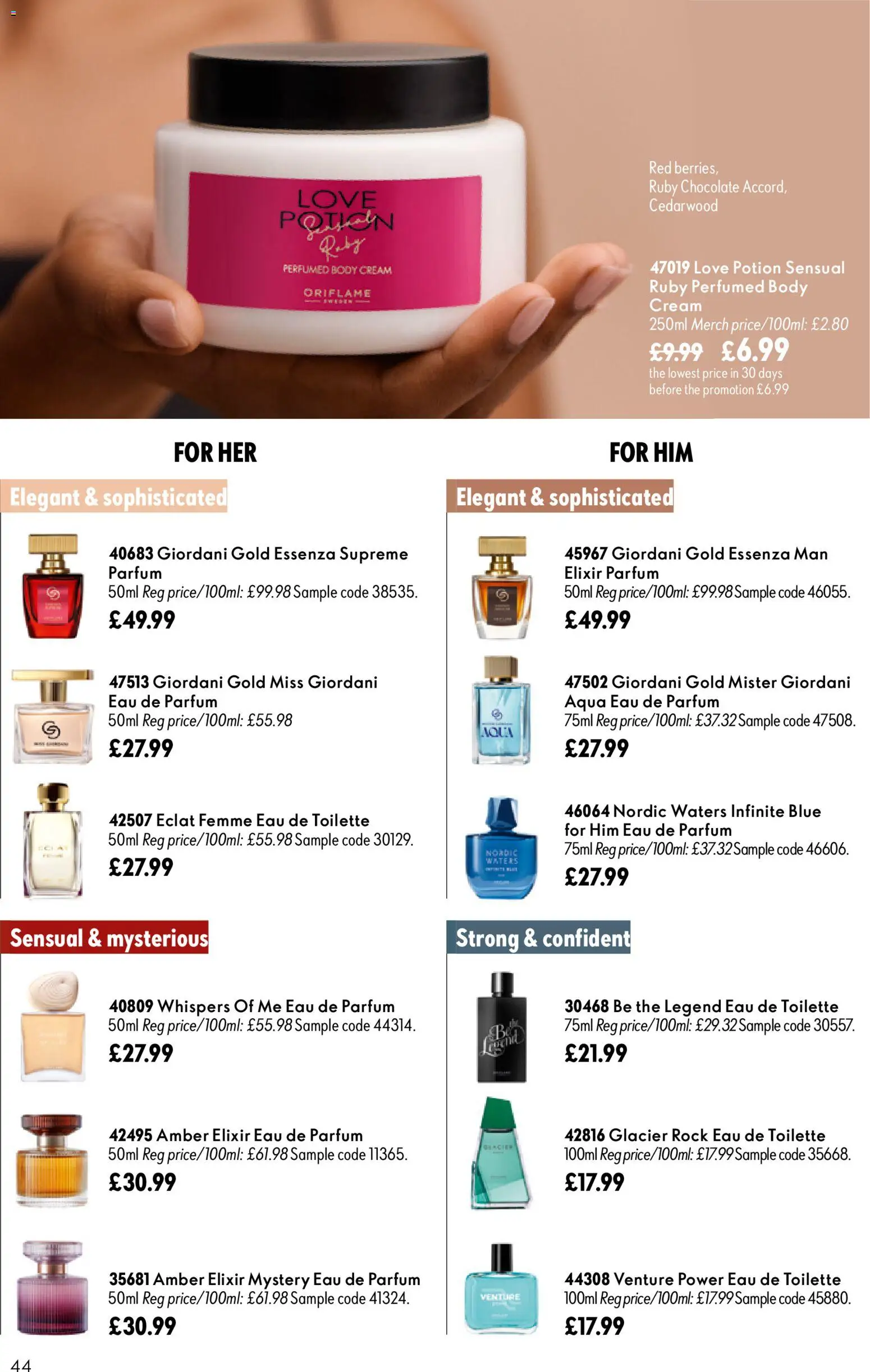 {H1} | Page: 44 | Products: Eau de toilette, Body cream, Chocolate, Cream