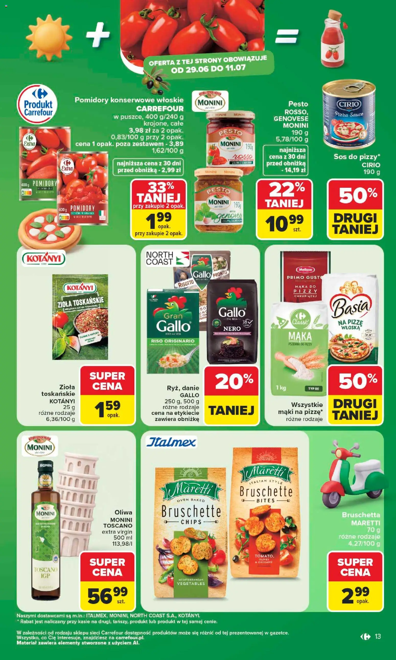 Carrefour gazetka - Kuchnia śródziemnomorska od 29.06.2026 | Strona: 13 | Produkty: Mąka do pizzy, Bruschetta, Pesto, Pizza