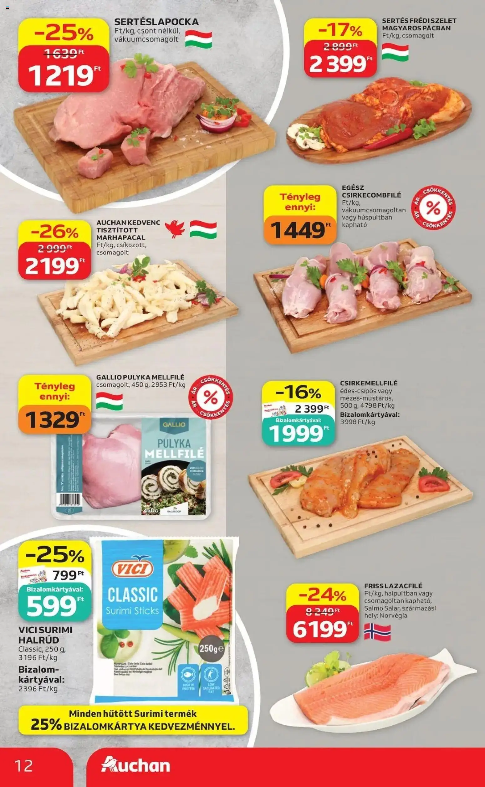Auchan akciós ujság - amely érvényes a következő dátumtól: 14.05.2026 | Oldal: 12 | Termékek: Sertéslapocka, Lazacfilé, Csirkecombfile
