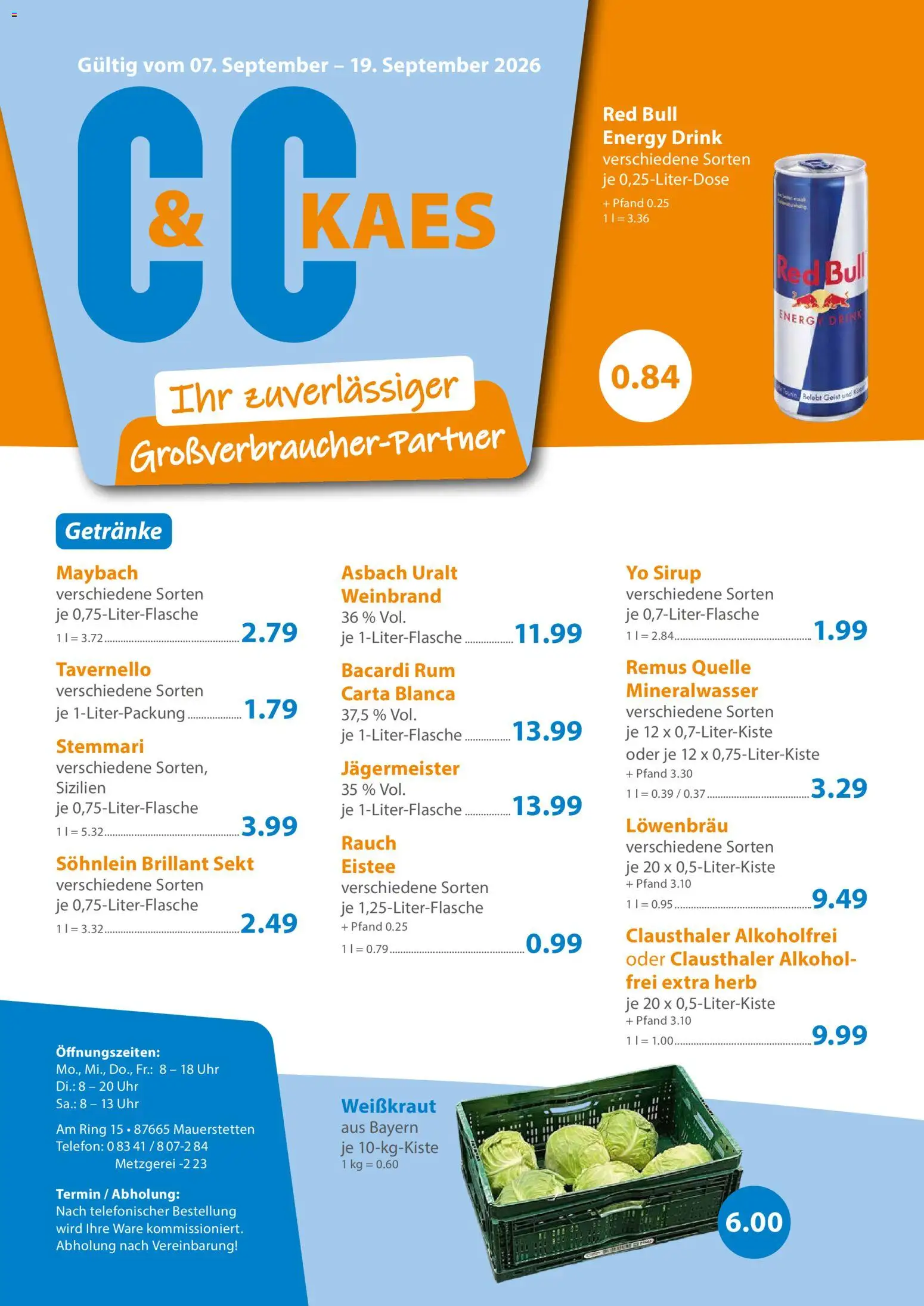 C&C Prospekt – gültig ab 07.09.2026 | Seite: 1 | Produkte: Energy, Sirup, Jägermeister, Telefon