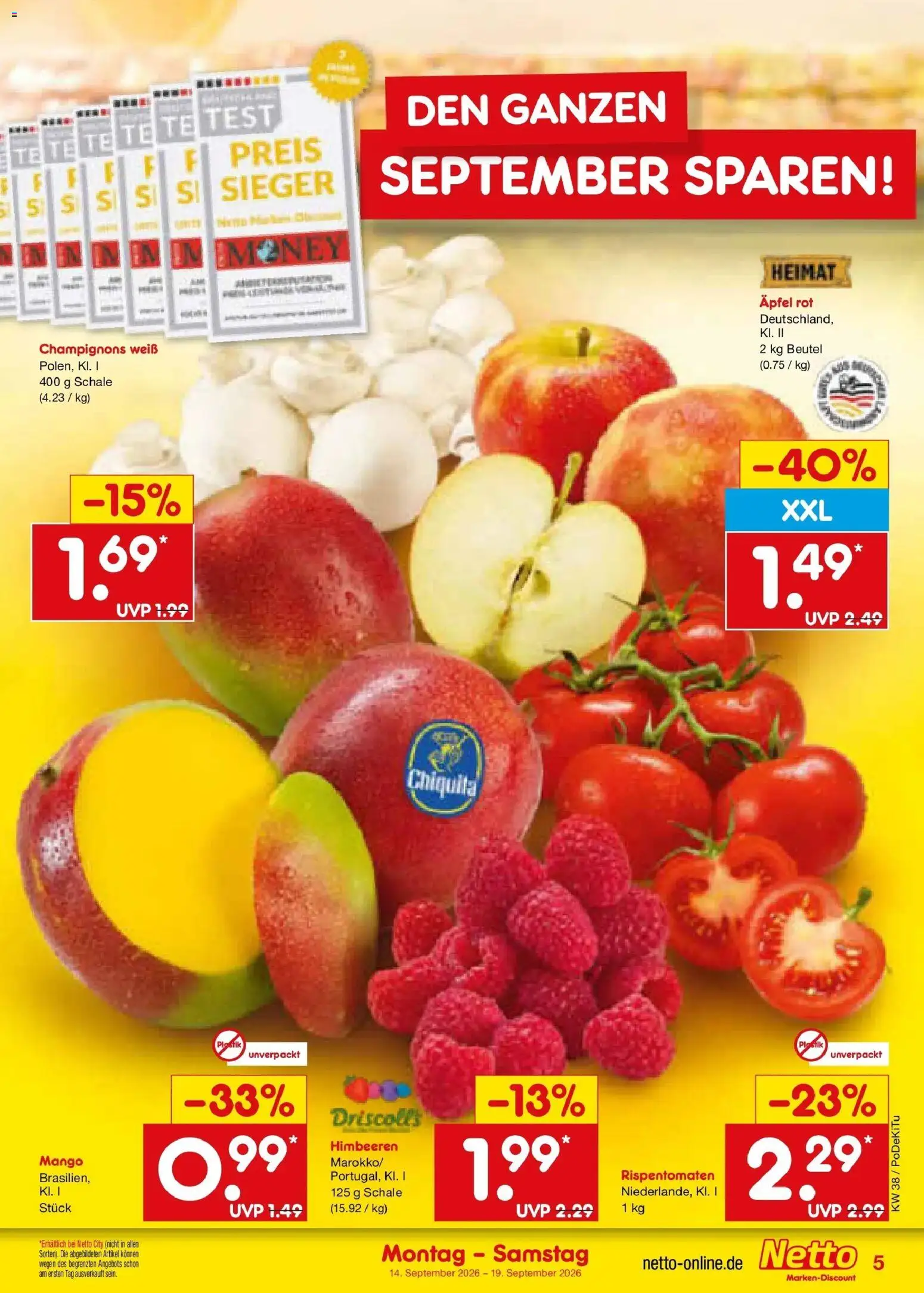 Netto Marken-Discount Prospekt Nürnberg – gültig ab 14.09.2026 | Seite: 7 | Produkte: Himbeeren, Äpfel, Champignons, Mango