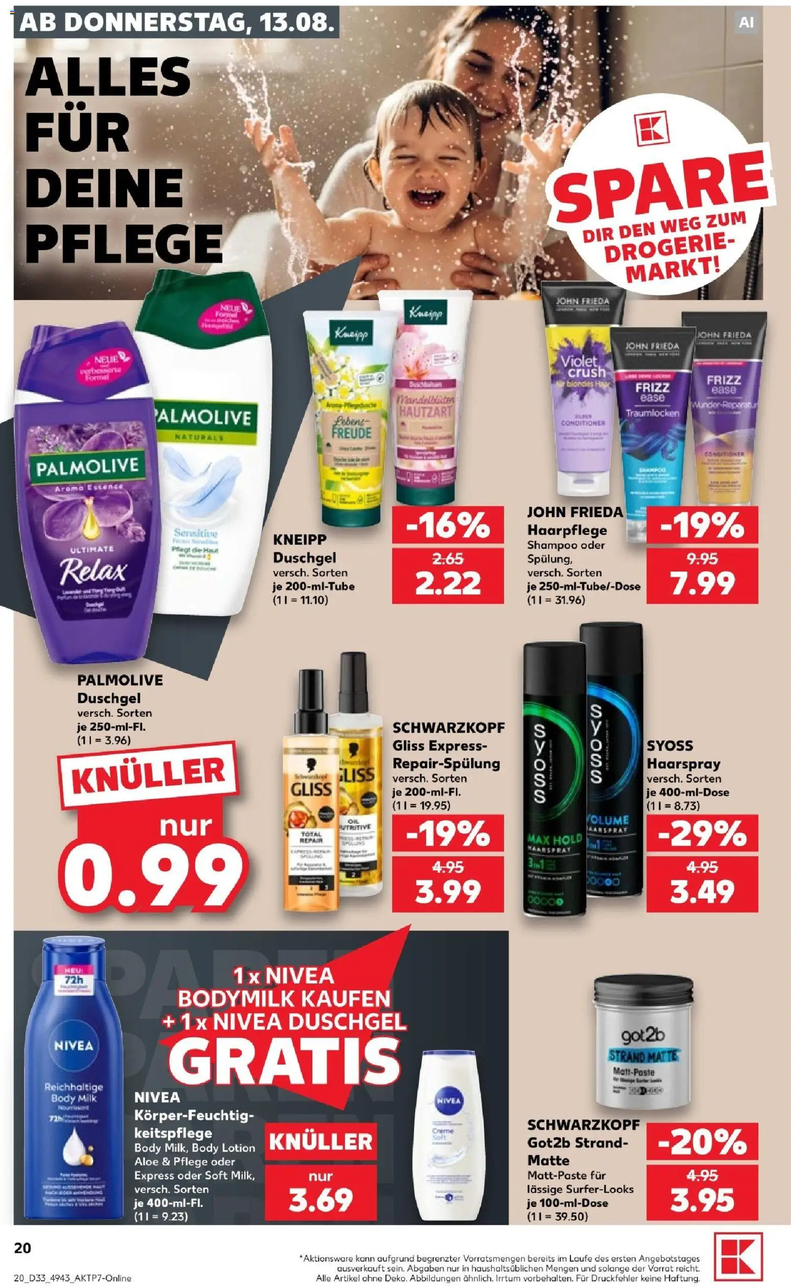 Kaufland Prospekt Köln – gültig ab 13.08.2026 | Seite: 20 | Produkte: Shampoo, Haarspray, Duschgel, Body Milk