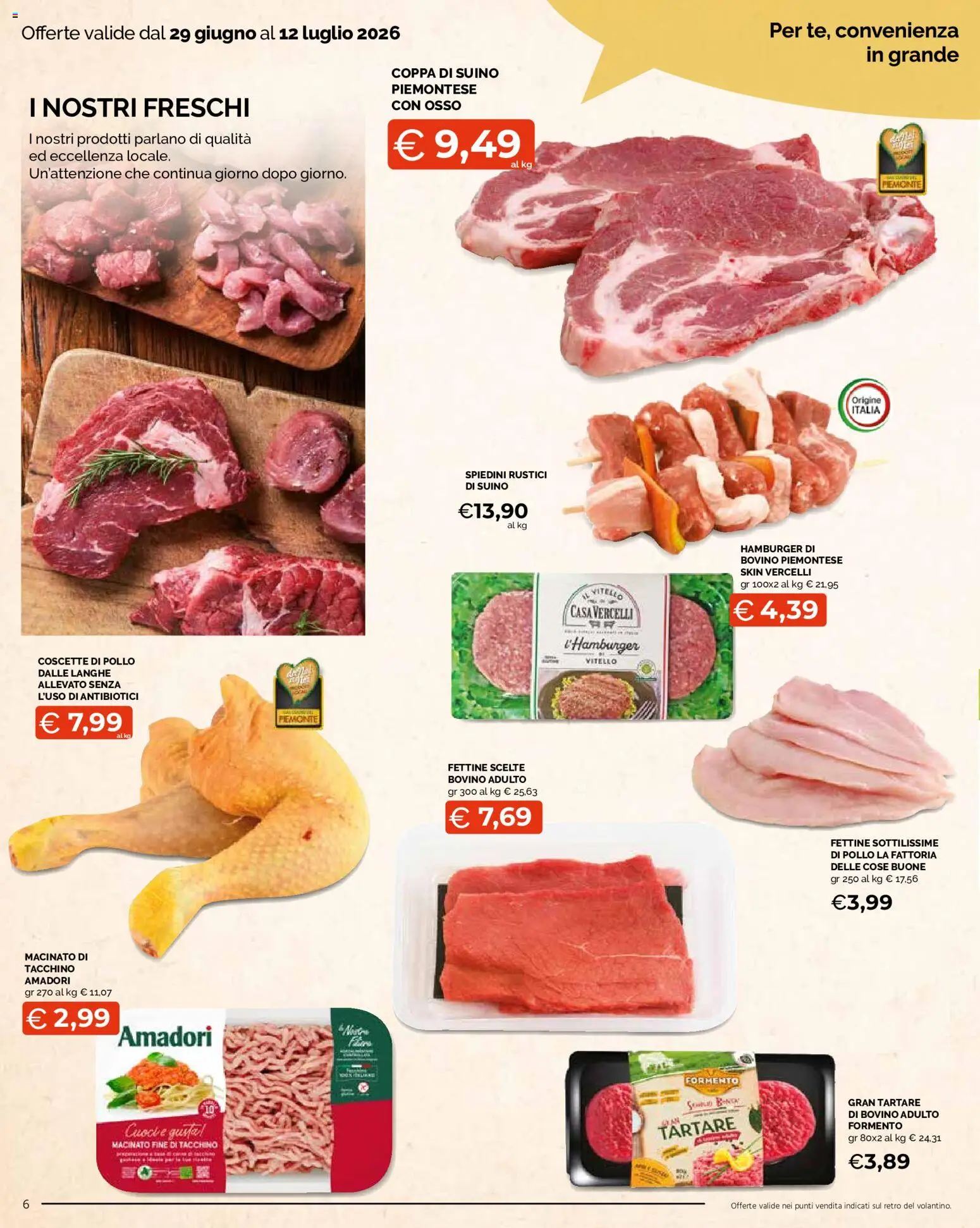Volantino Mercatò del 29/06/2026 | Pagina: 6 | Prodotti: Pollo, Hamburger, Spiedini, Macinato