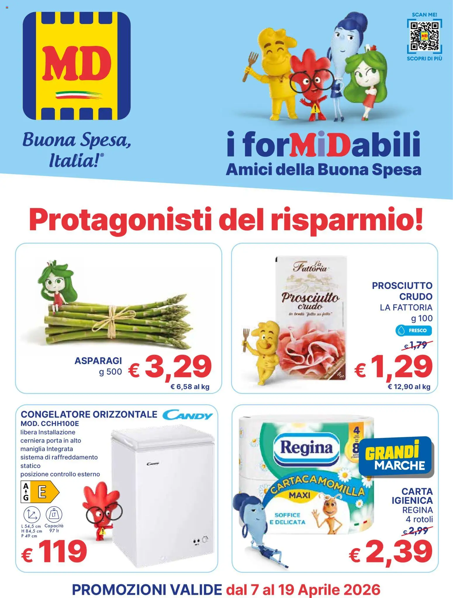 Volantino MD Discount del 07.04.2026 | Pagina: 1 | Prodotti: Prosciutto Crudo, Carta igienica, Prosciutto, Congelatore
