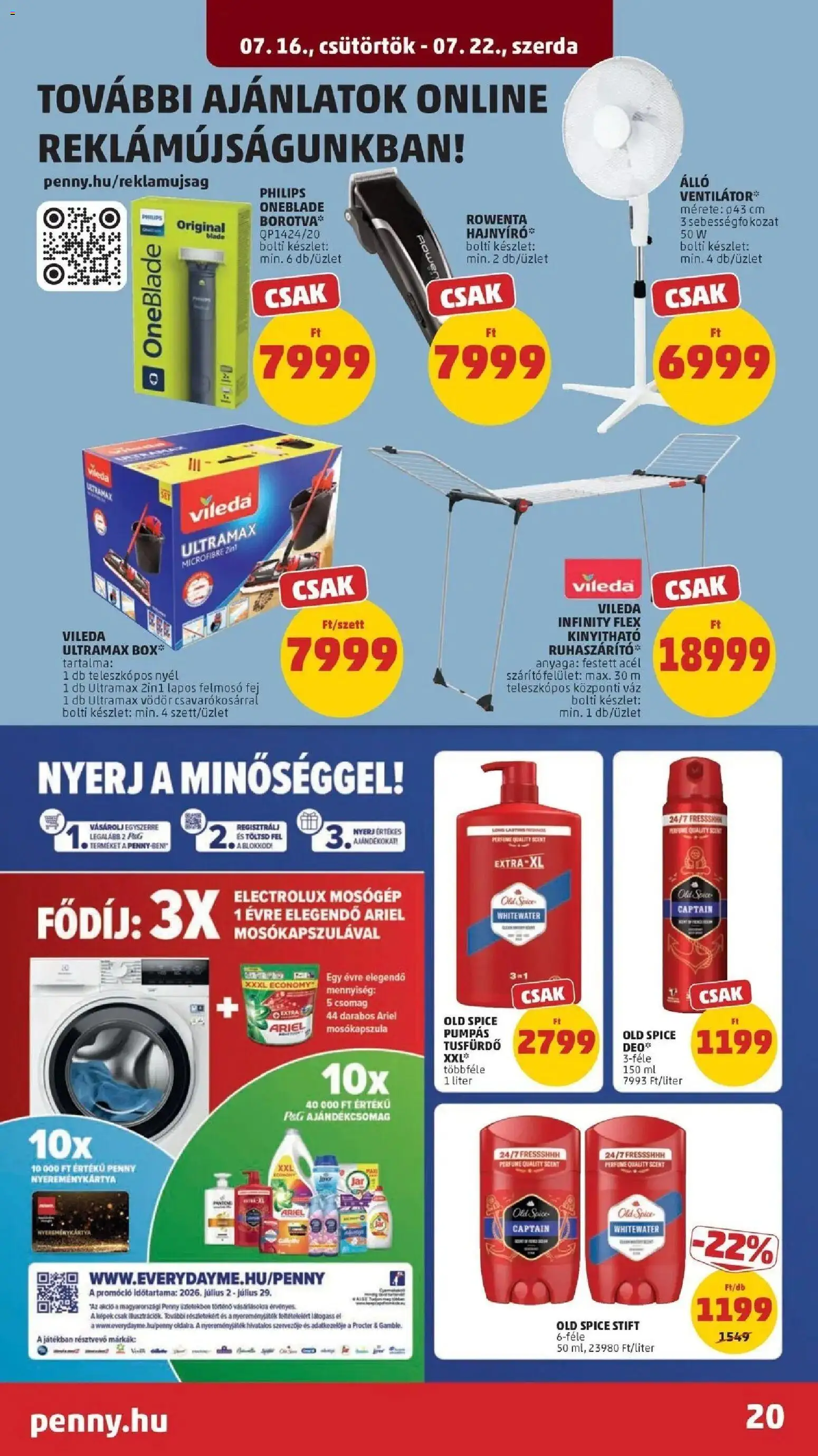 PENNY akciós ujság - amely érvényes a következő dátumtól: 2026.07.16. | Oldal: 20 | Termékek: Ariel, Old spice, Mosógép, Szárító