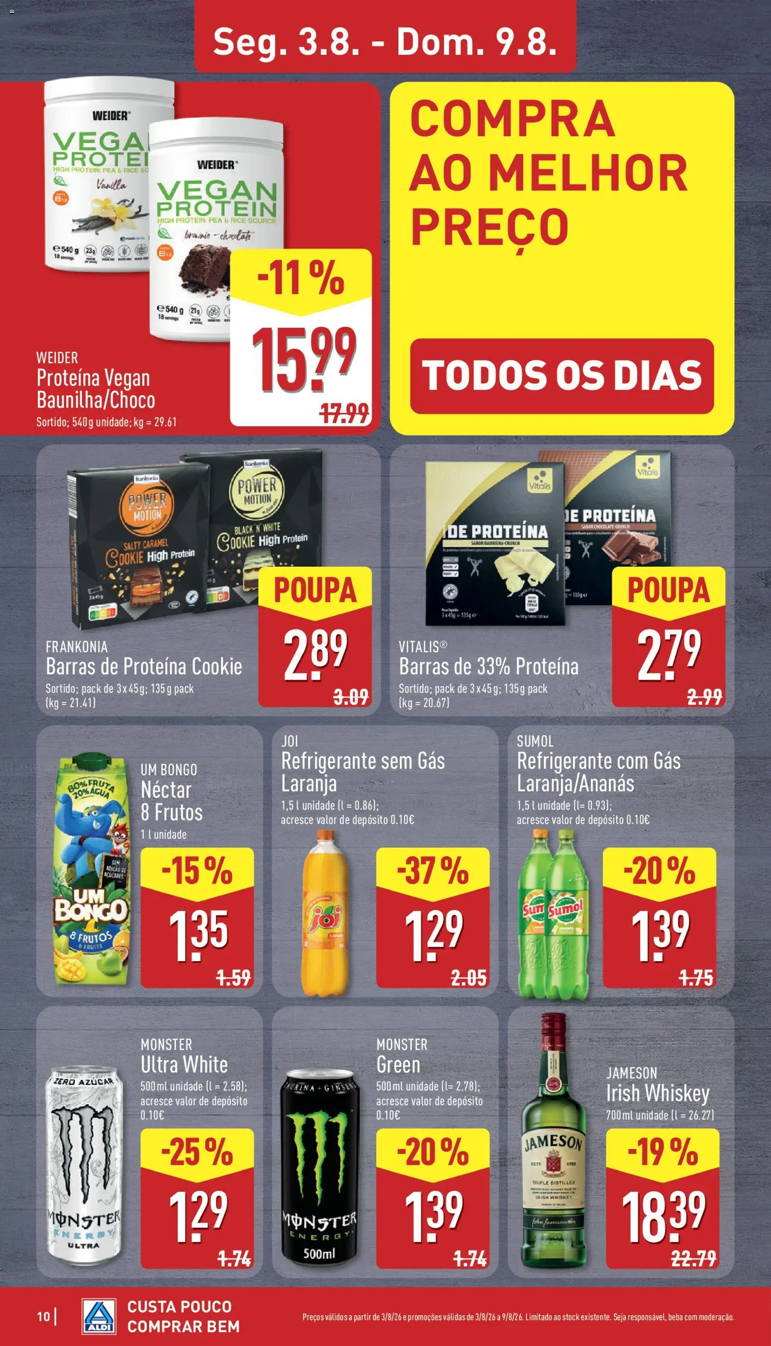 Aldi folheto │ válido de 03/08/2026 | Página: 10 | Produtos: Agua, Refrigerante, Chocolate, Sumo