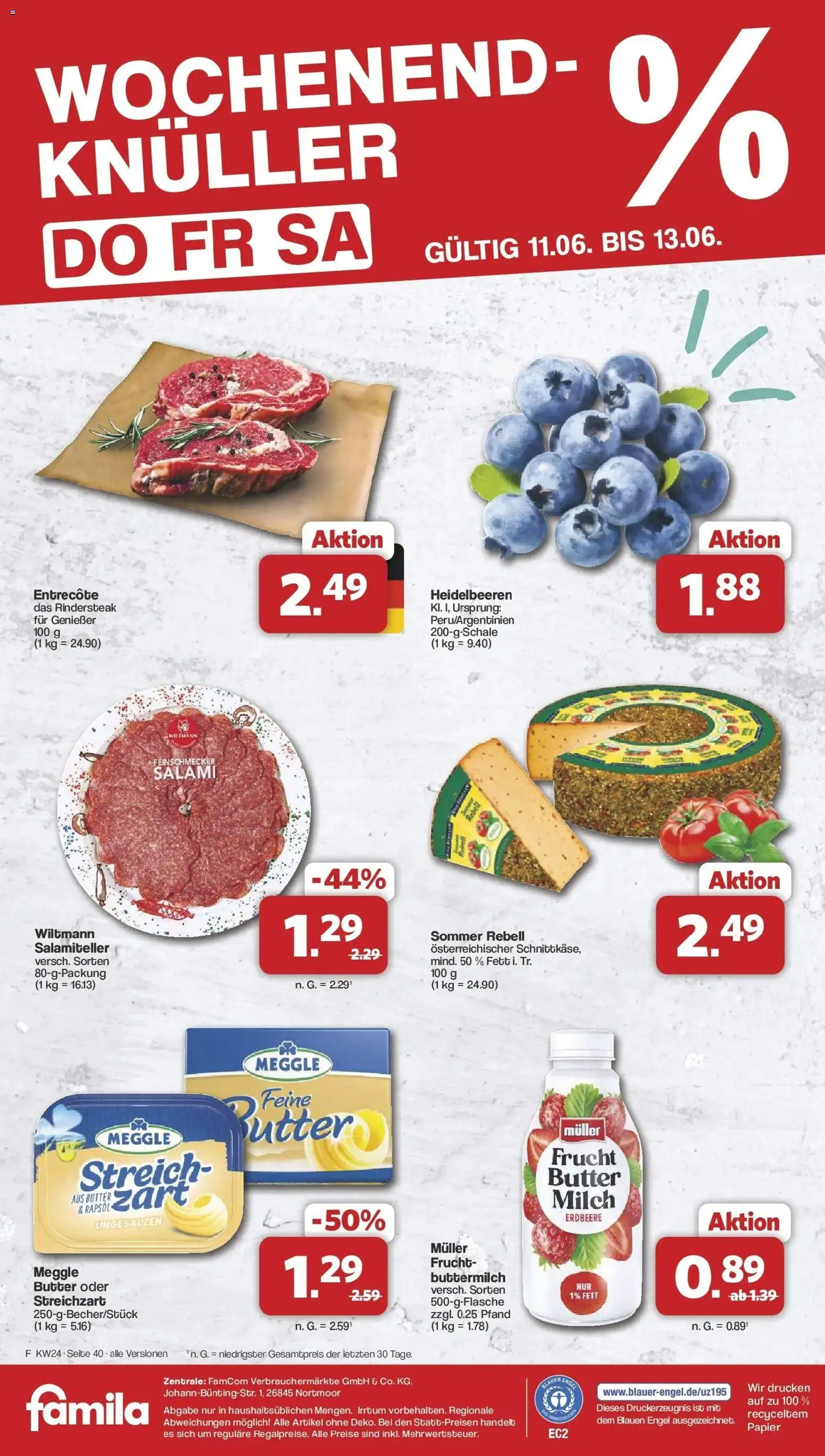 Famila Nordwest Wochenangebote – gültig ab 08.06.2026 | Seite: 42 | Produkte: Milch, Rapsöl, Entrecote, Salami