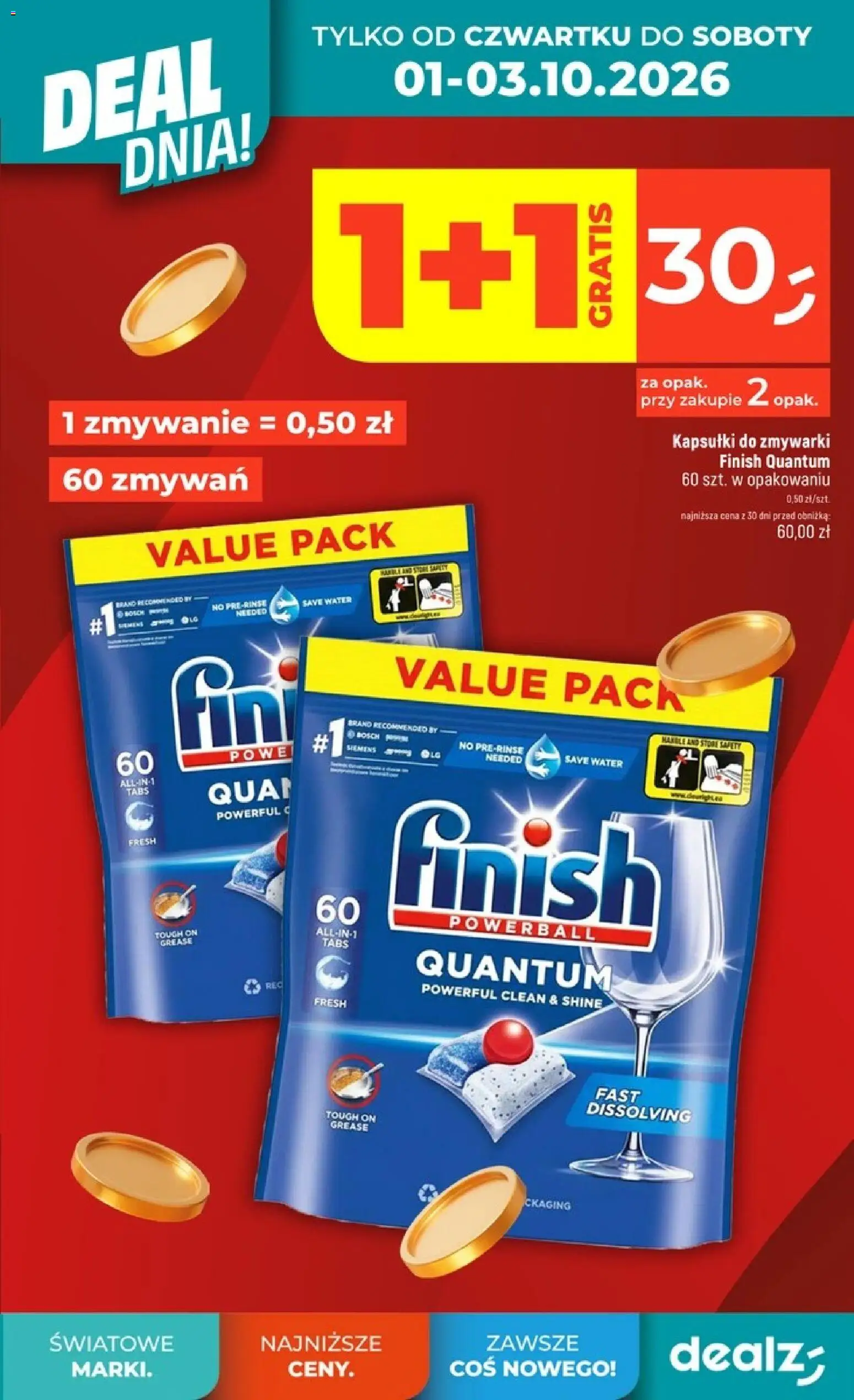 Dealz gazetka - Deal dnia od 01.10.2026 | Strona: 5 | Produkty: Kapsułki, Finish, Kapsułki do zmywarki, Finish Quantum