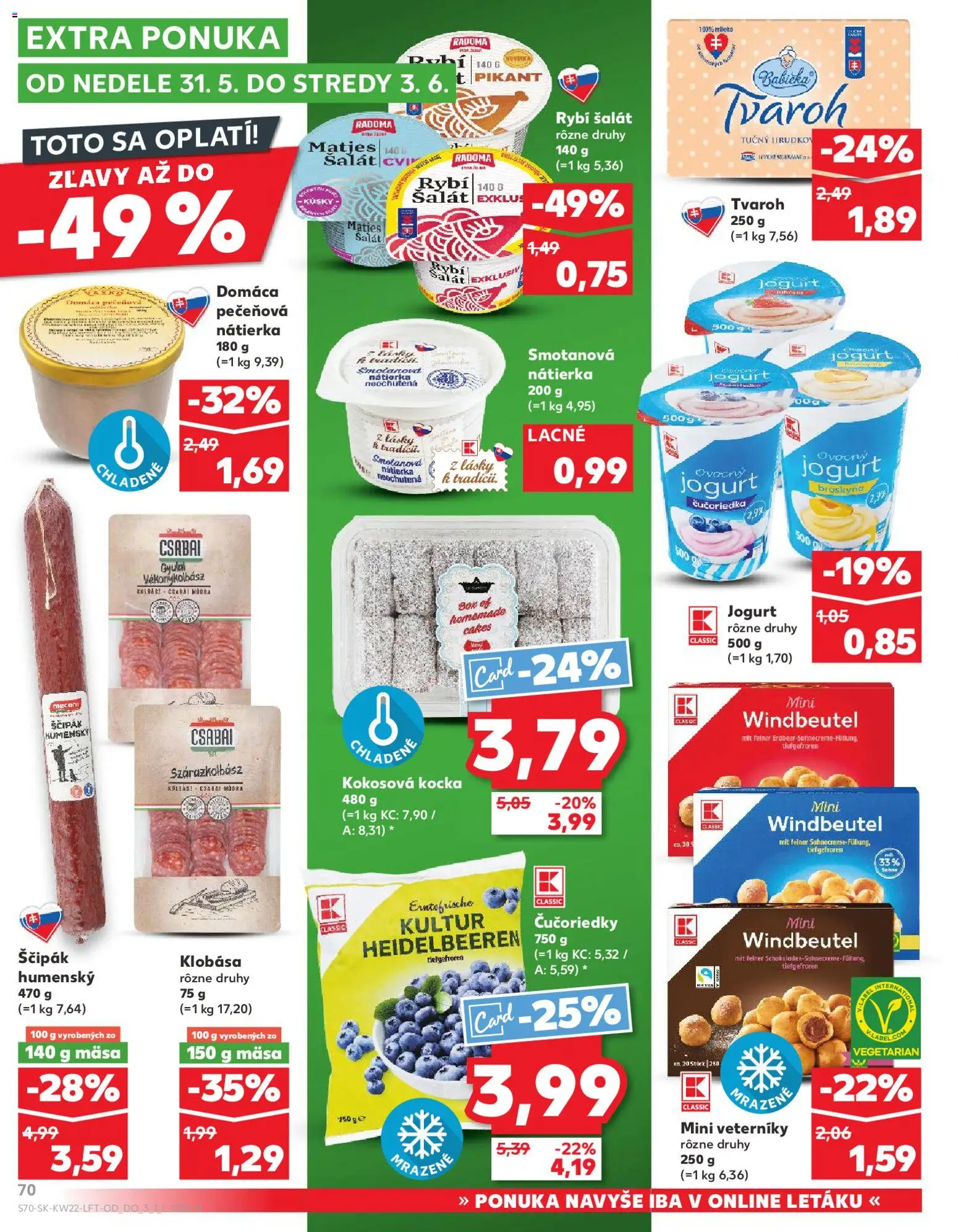 Nové Kaufland akcie – leták je platný od 28.05.2026 | Strana: 70 | Produkty: Jogurt, Klobása, Čučoriedky, Šalát