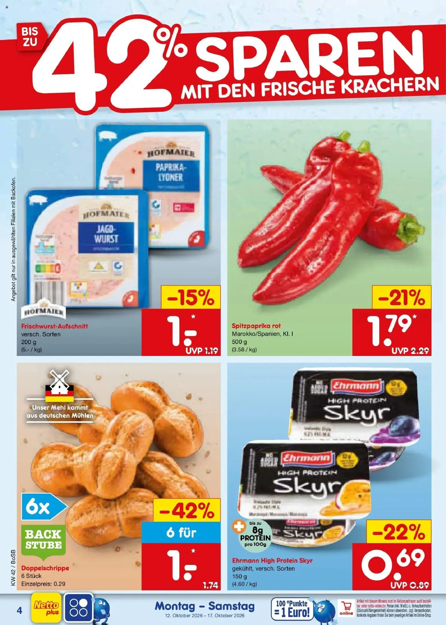 Netto Marken-Discount Prospekt Bochum (ab 12.10.2026) » Angebote | Seite: 4 | Produkte: Mehl, Skyr, Paprika, Wurst
