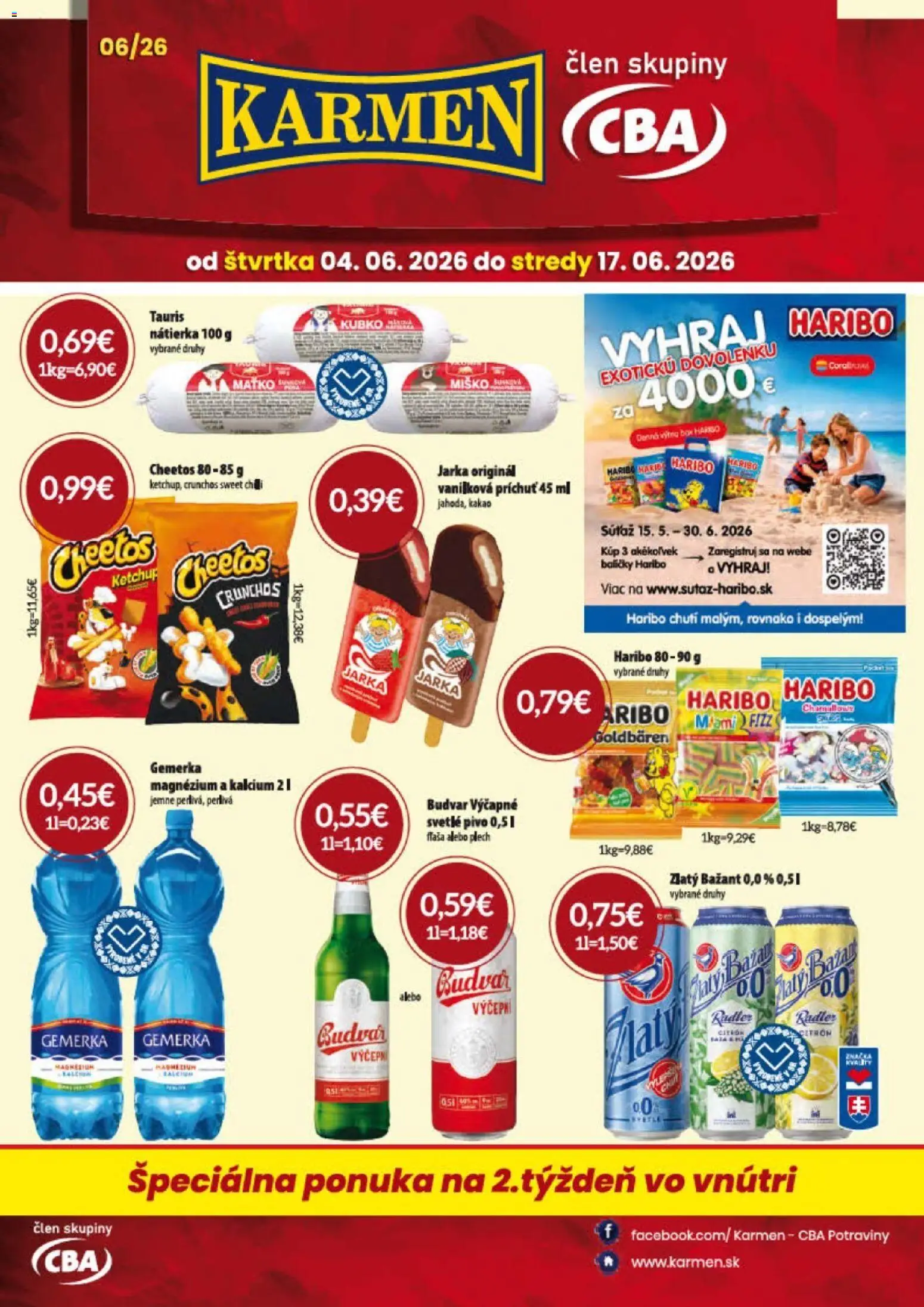 Nové KARMEN CBA akcie – leták je platný od 04.06.2026 | Strana: 1 | Produkty: Pivo, Radler, Budvar, Gemerka