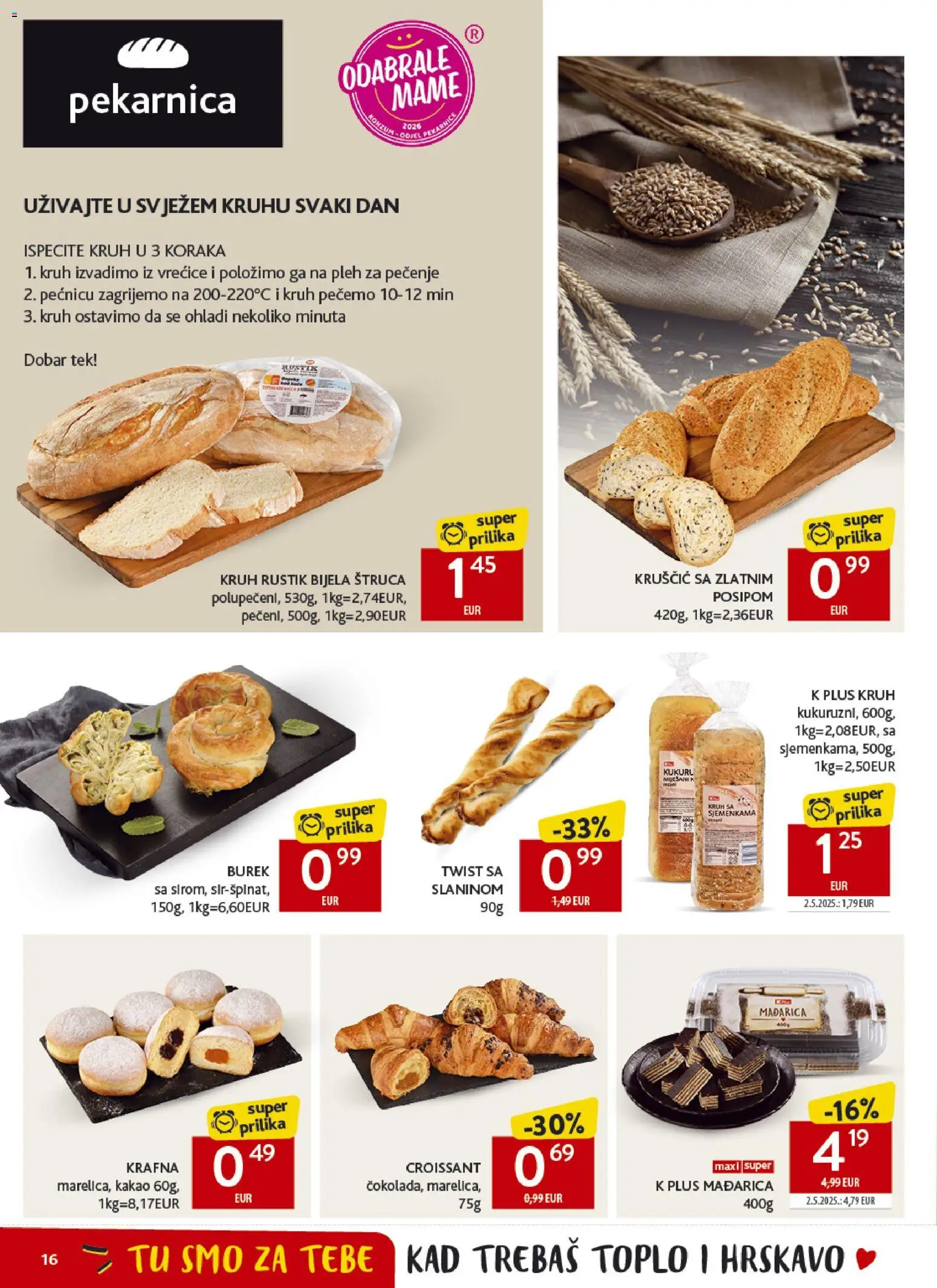 Konzum katalog | vrijedi od 08.04.2026 | Stranica: 16 | Proizvodi: Kruh, Burek, Kakao