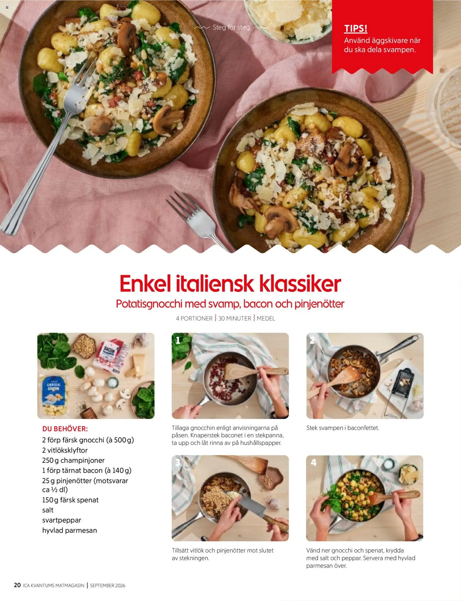 ICA Kvantum reklamblad aktuell från 01/09/2026 | Sida: 20 | Produkter: Bacon, Parmesan, Champinjoner, Gnocchi