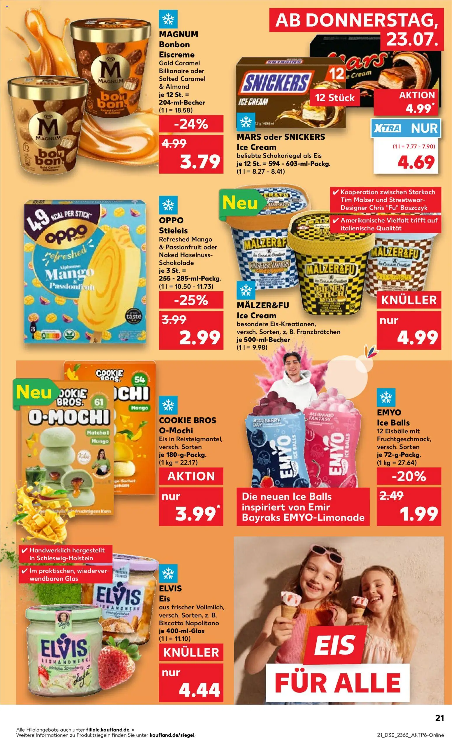 Kaufland Prospekt Bremen – gültig ab 23.07.2026 | Seite: 21 | Produkte: Schokolade, Snickers, Mango, Eis