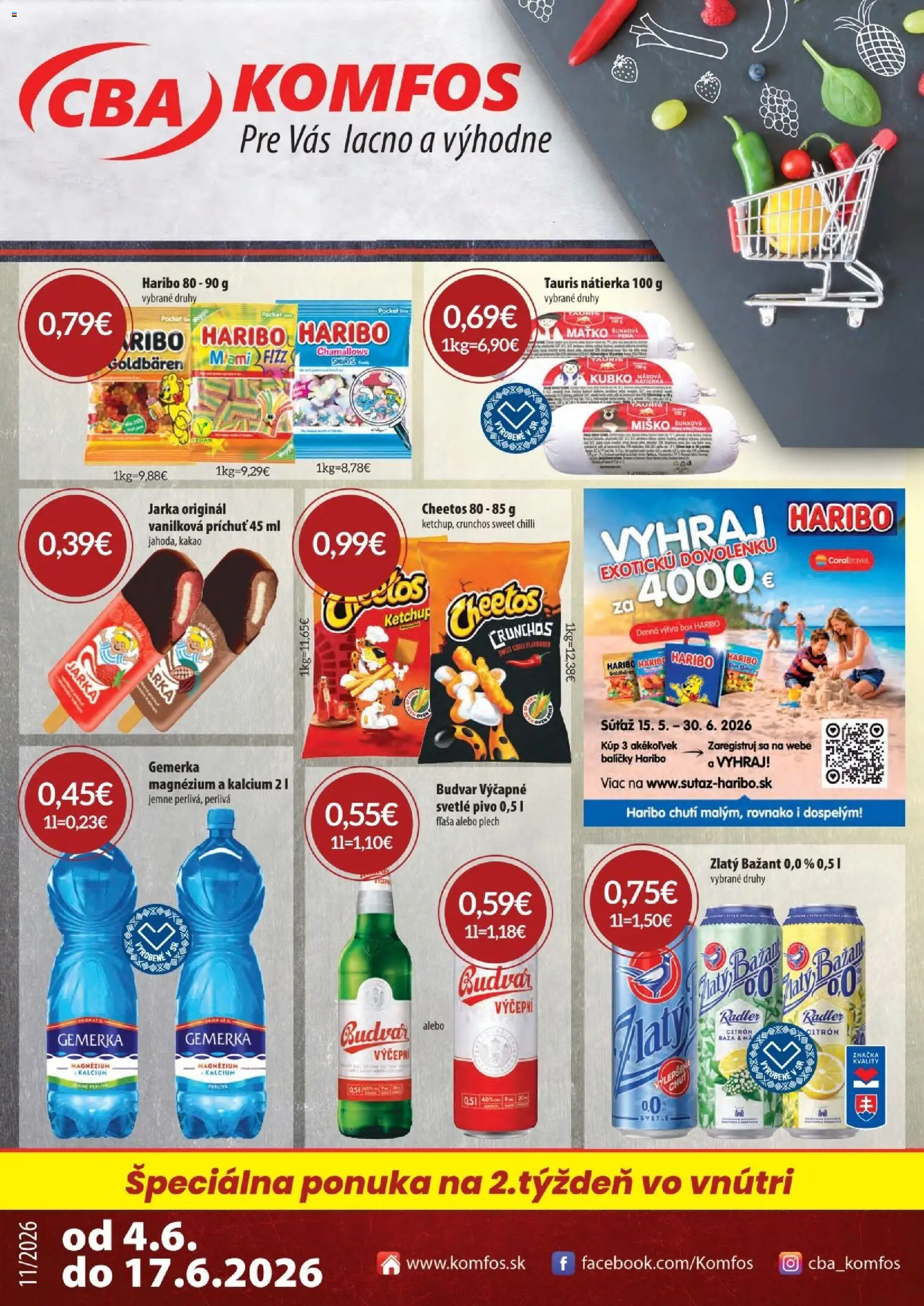 Nové CBA Komfos akcie – leták je platný od 04.06.2026 | Strana: 1 | Produkty: Pivo, Chilli, Budvar, Kakao