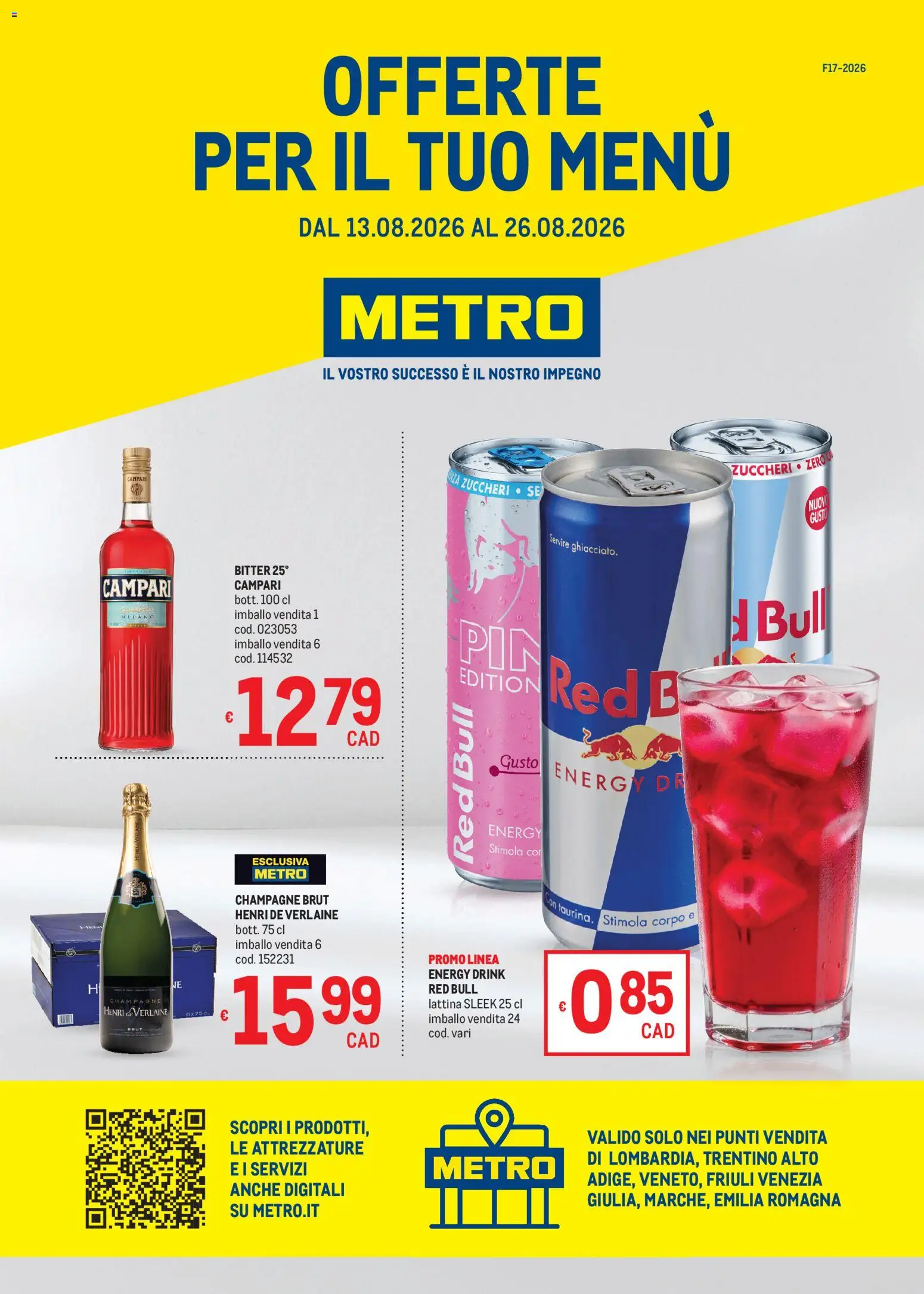 Volantino Metro del 13/08/2026 | Pagina: 1 | Prodotti: Campari, Champagne, Red Bull