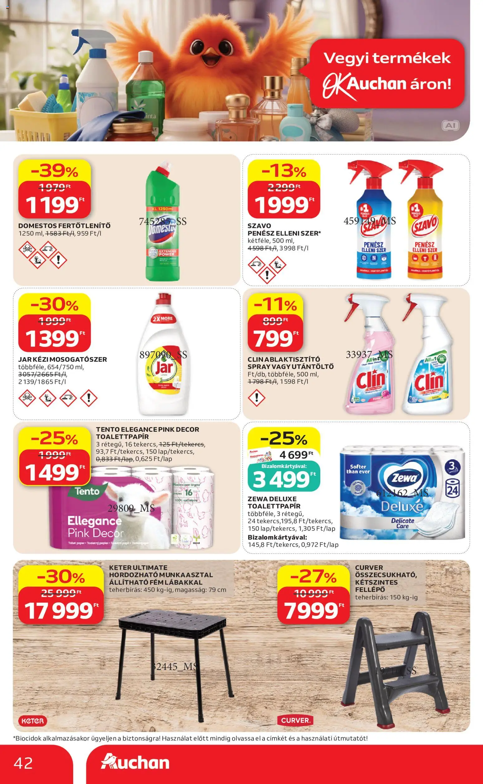 Auchan akciós ujság - amely érvényes a következő dátumtól: 2026.10.01. | Oldal: 42 | Termékek: Toalettpapír, Utántöltő, Tento, Domestos