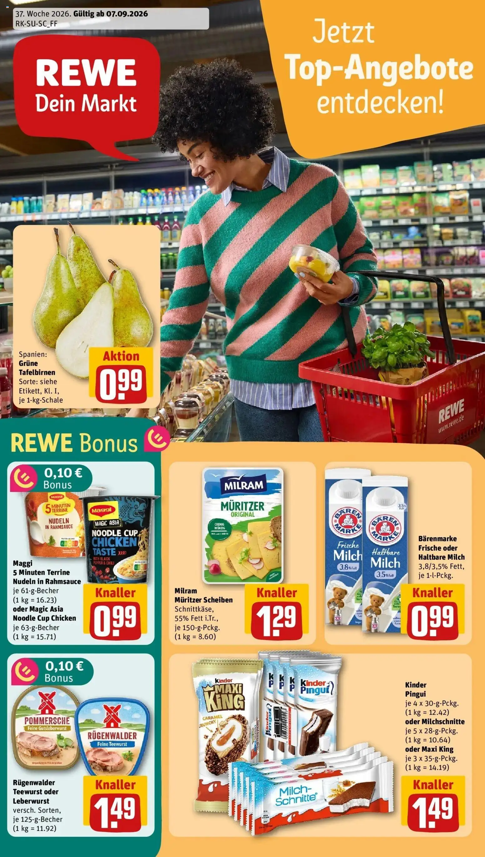 REWE Prospekt ab 07.09.2026 zum Blättern » Angebote | Seite: 1 | Produkte: Maggi, Haltbare milch, Milram, Nudeln