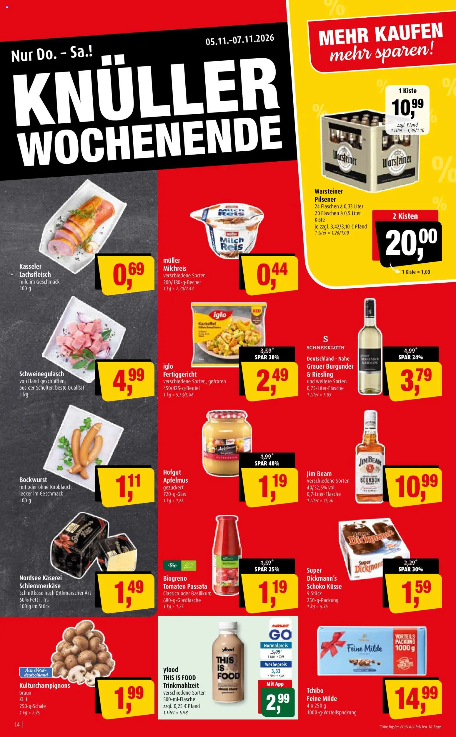 Markant Prospekt – gültig ab 02.11.2026 | Seite: 14 | Produkte: Bockwurst, Milch, Iglo, Tomaten