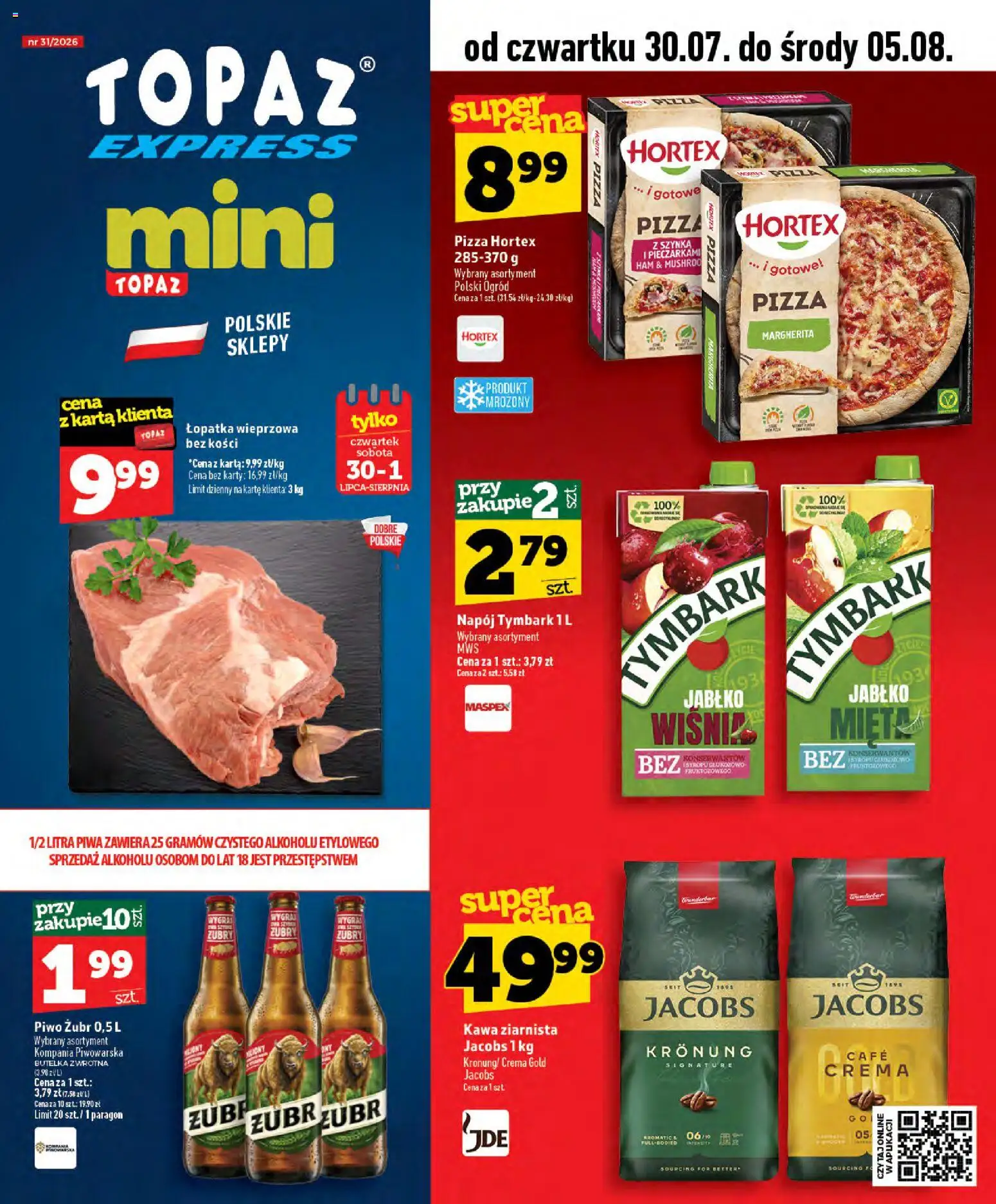 Topaz gazetka - Express od 30.07.2026 | Strona: 1 | Produkty: Karta, Kawa ziarnista, Łopatka wieprzowa, Piwo