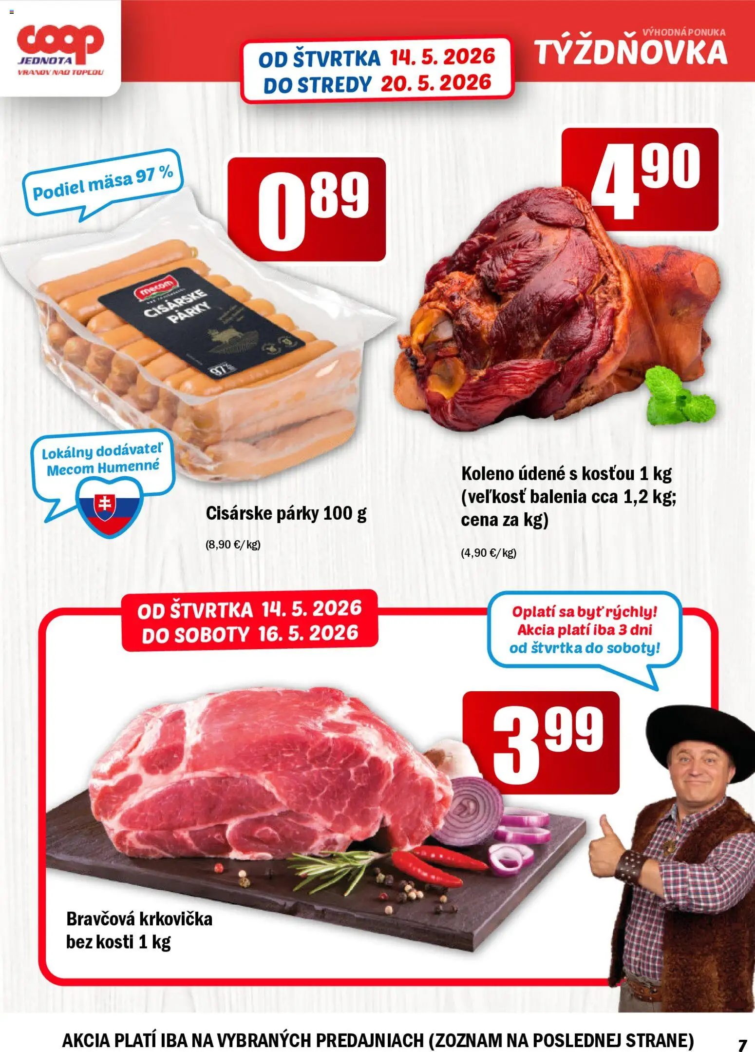 Nové COOP Jednota akcie – leták je platný od 14.05.2026 | Strana: 7 | Produkty: Bravčová krkovička, Krkovička, Párky