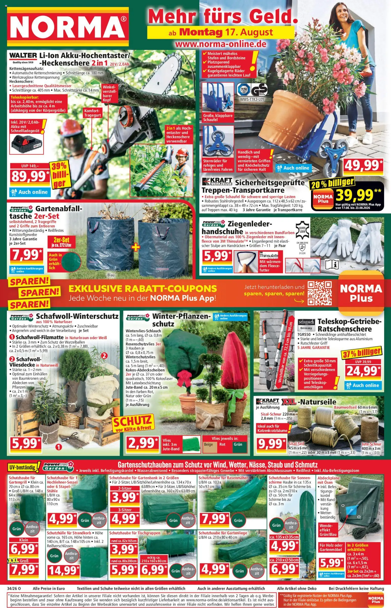 Norma Prospekt – gültig ab 17.08.2026 | Seite: 1 | Produkte: Tasche, Rasenmäher, Gartenmöbel, Handschuhe