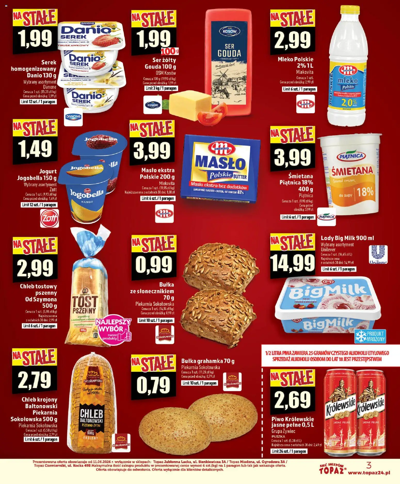 Topaz gazetka - MAZ od 13.08.2026 | Strona: 3 | Produkty: Chleb tostowy, Piwo Królewskie, Piwo, Śmietana