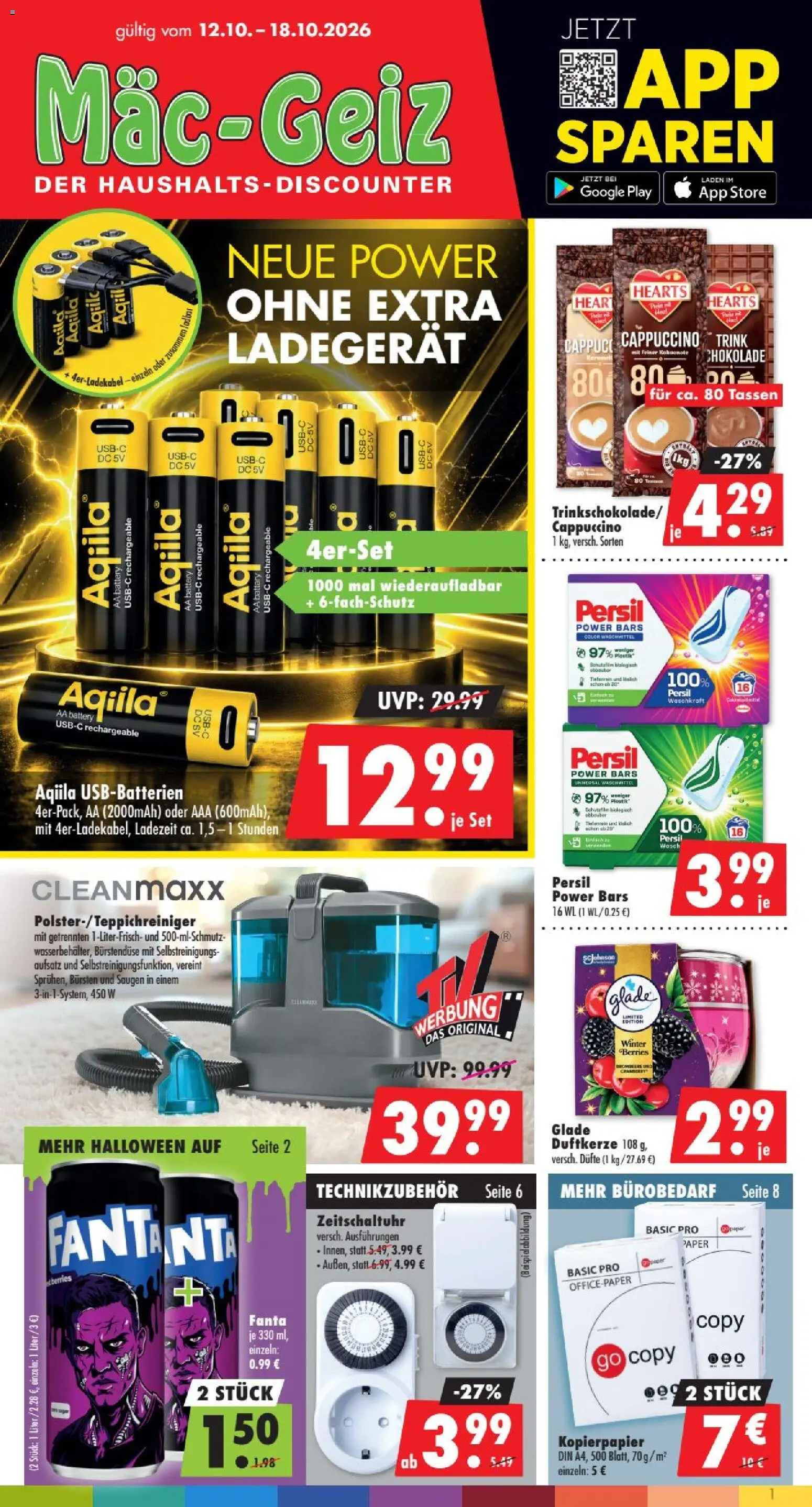 Mäc Geiz Prospekt – gültig ab 12.10.2026 | Seite: 1 | Produkte: Fanta, Waschmittel, Ladegerät, Persil