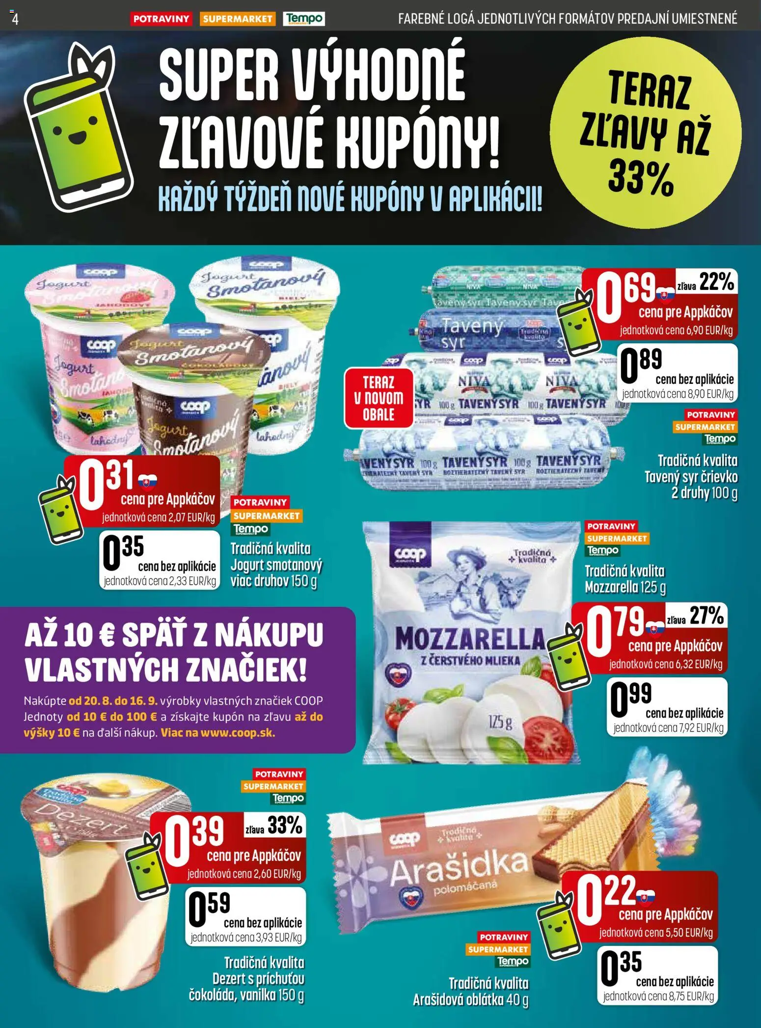 Nové COOP Jednota akcie – leták je platný od 20.08.2026 | Strana: 4 | Produkty: Syr, Niva, Tavený syr, Dezert