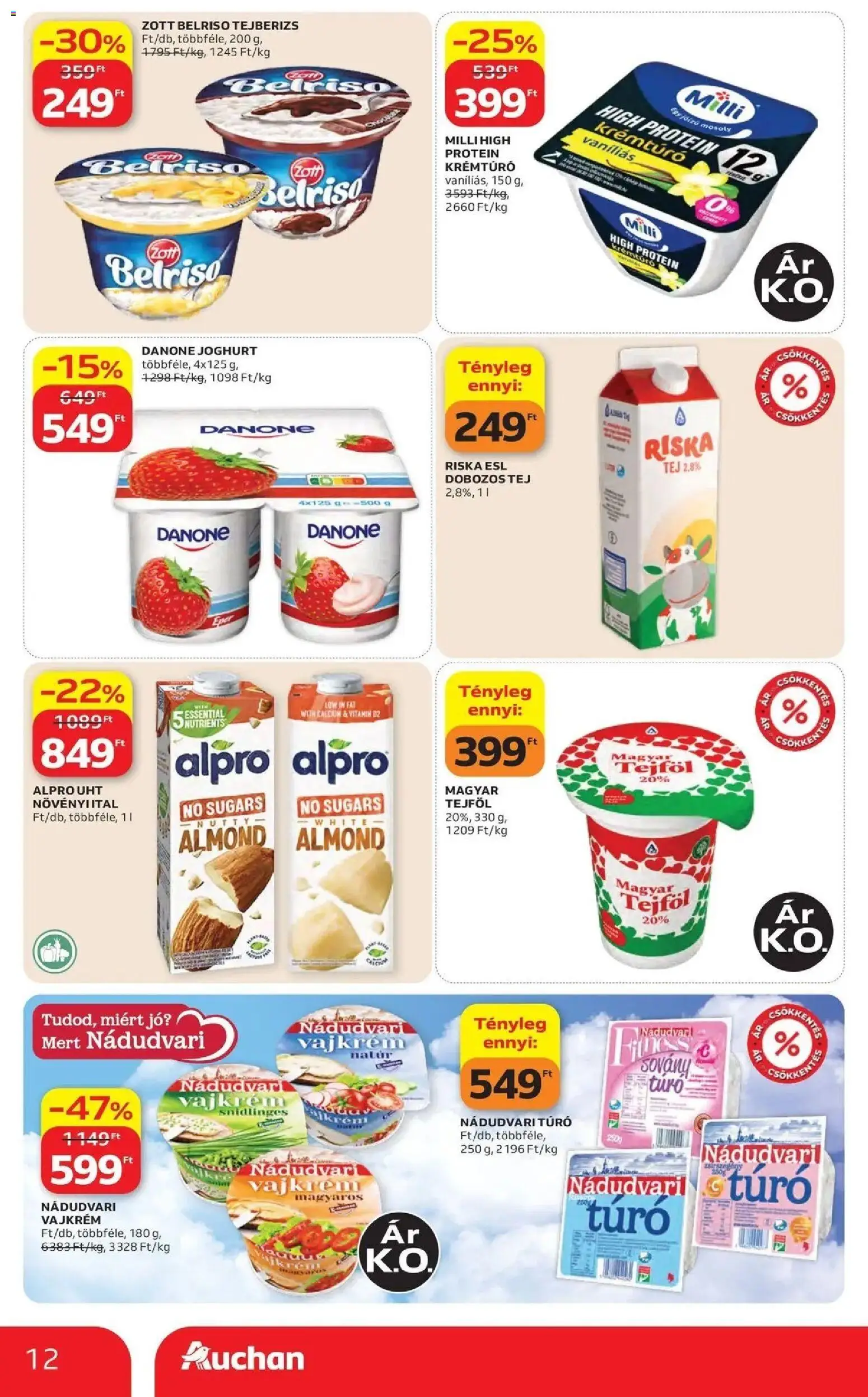 Auchan akciós ujság - amely érvényes a következő dátumtól: 2026.07.30. | Oldal: 12 | Termékek: Riska, Cottage cheese, Tej, Vajkrém