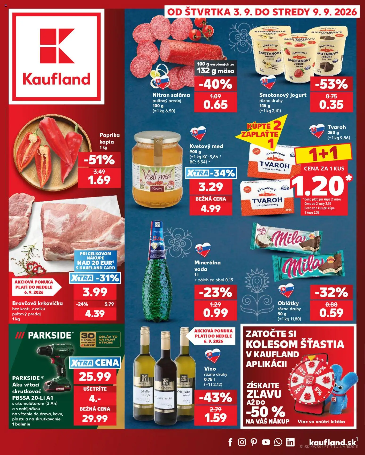 Nové Kaufland akcie – leták je platný od 03.09.2026 | Strana: 1 | Produkty: Skrutkovač, Aku, Parkside, Jogurt