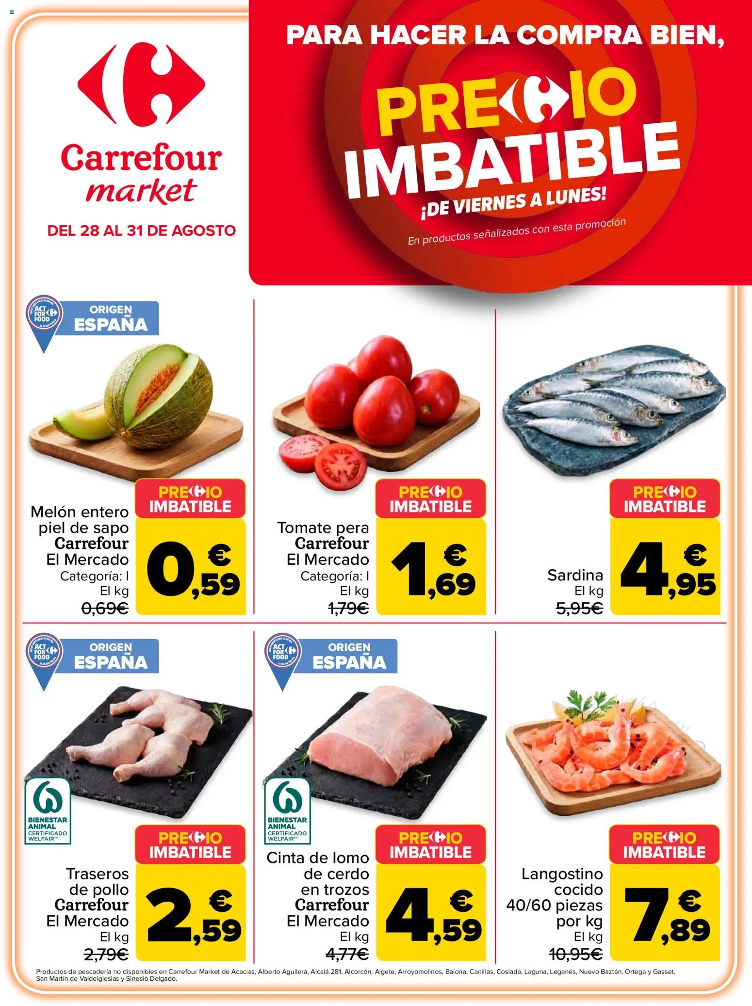 Carrefour Market Precio Imbatible │ válido desde el 28/08/2026 | Página: 1 | Productos: Melón, Tomate, Cerdo, Langostino