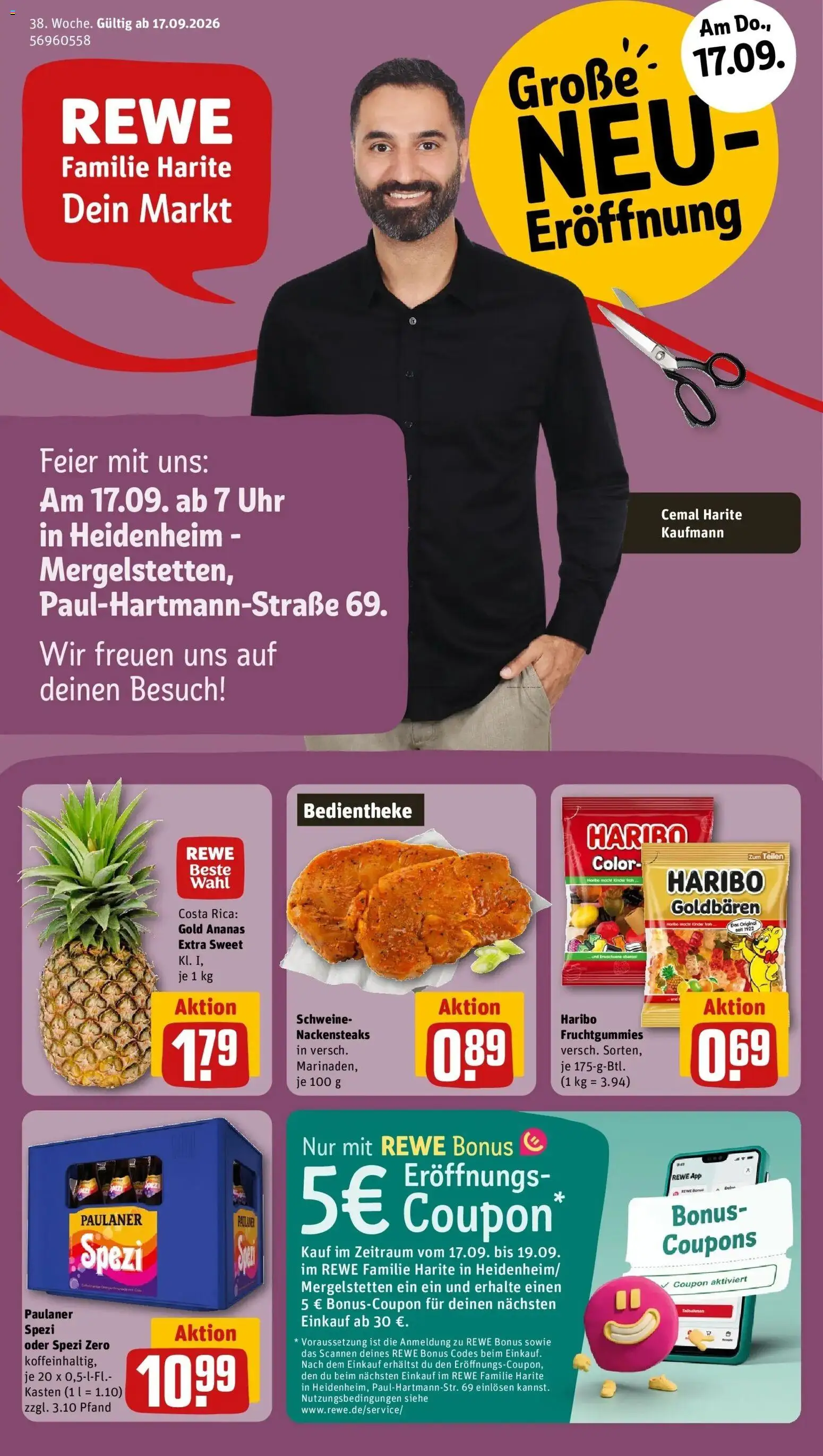 REWE Prospekt ab 14.09.2026 zum Blättern » Angebote | Seite: 1 | Produkte: Nackensteaks, Paulaner spezi, Ananas, Uhr