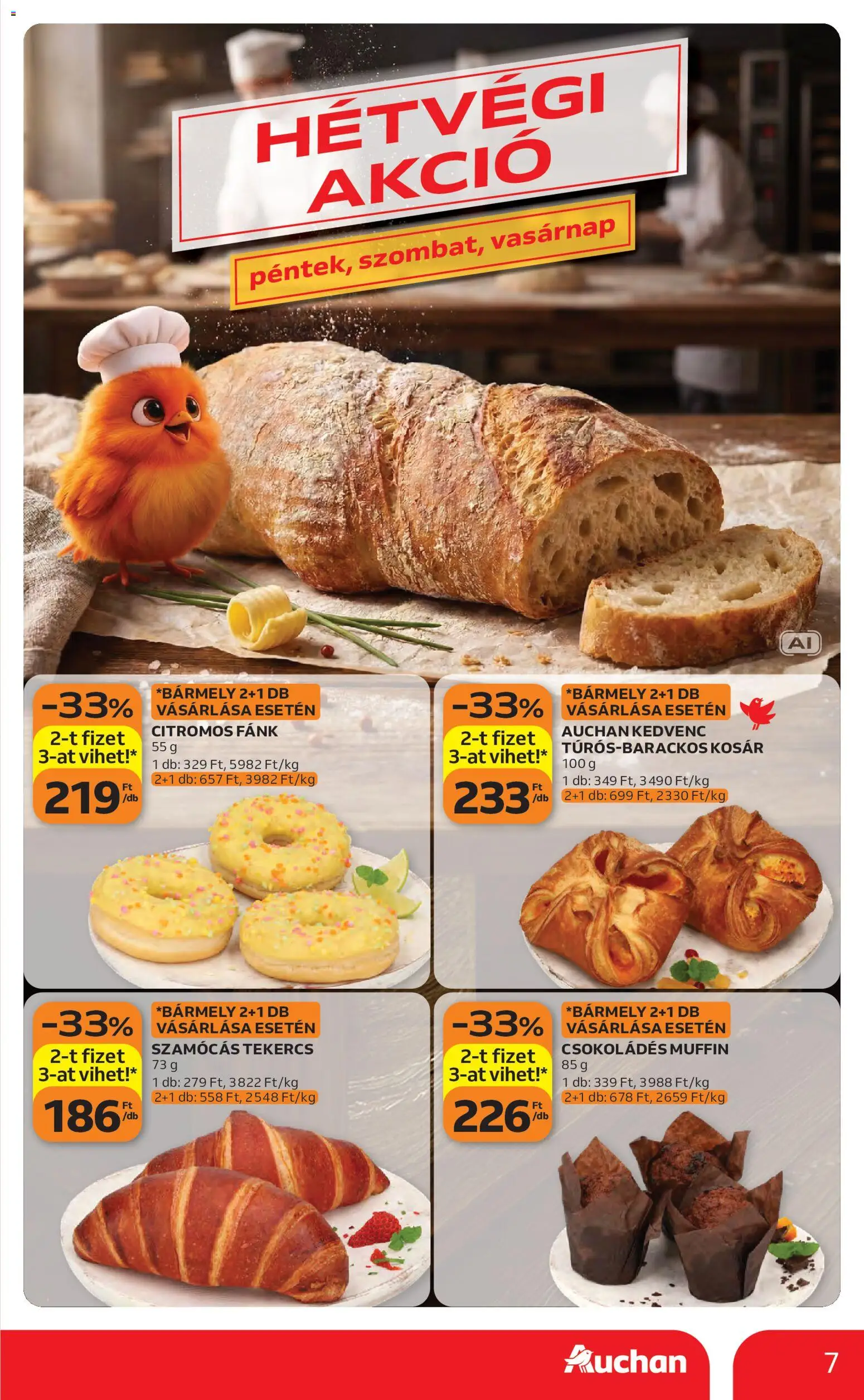 Auchan akciós ujság - amely érvényes a következő dátumtól: 2026.08.27. | Oldal: 7 | Termékek: Croissant, Fánk, Muffin, Kosár