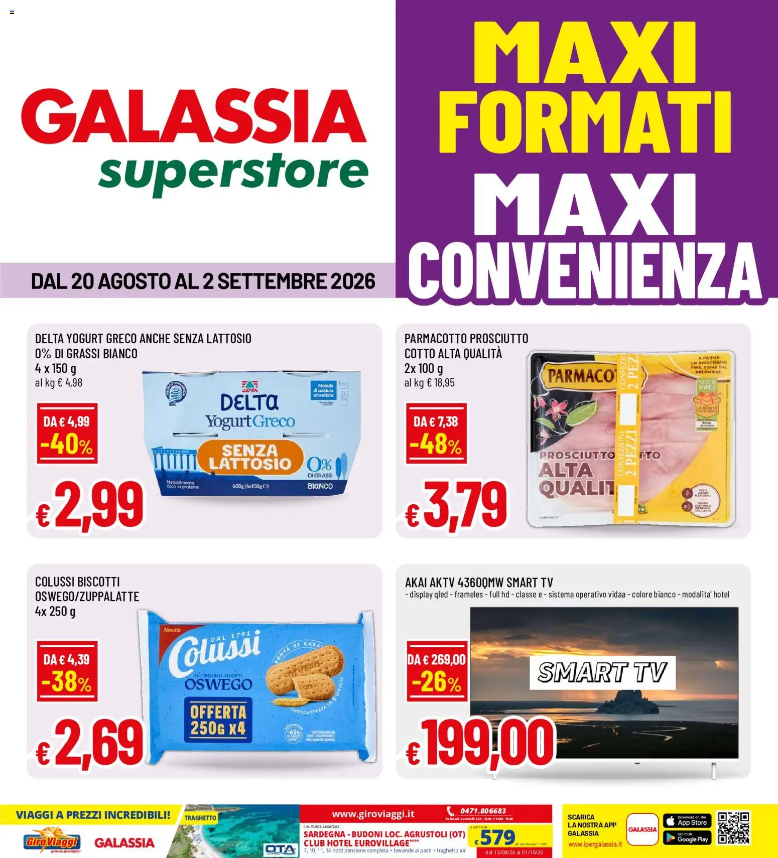 Volantino Galassia del 20/08/2026 | Pagina: 1 | Prodotti: Yogurt greco, smart TV, Biscotti, Senza lattosio