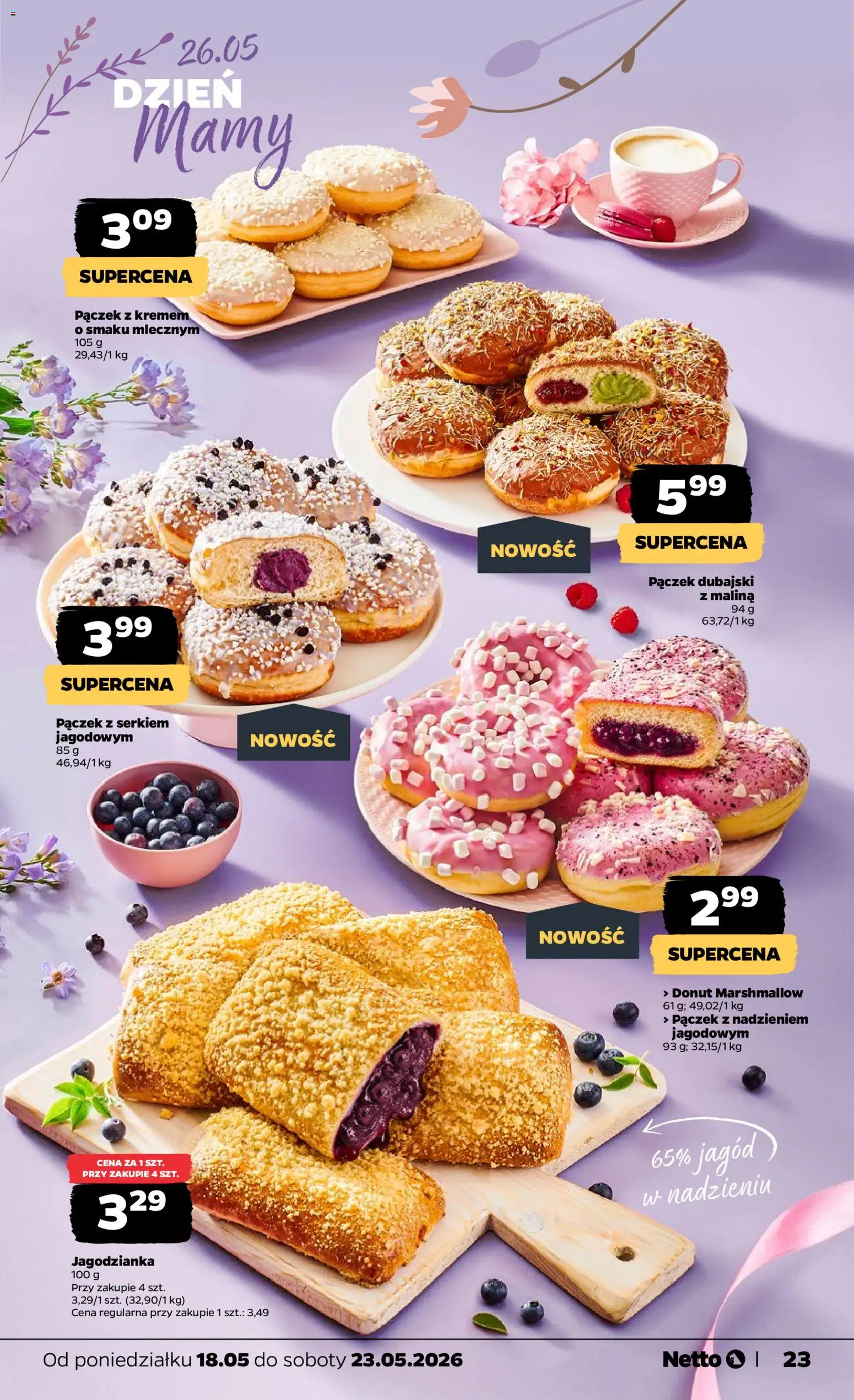 Netto gazetka od poniedziałku spożywcza od 18.05.2026 | Strona: 23 | Produkty: Malina, Donut